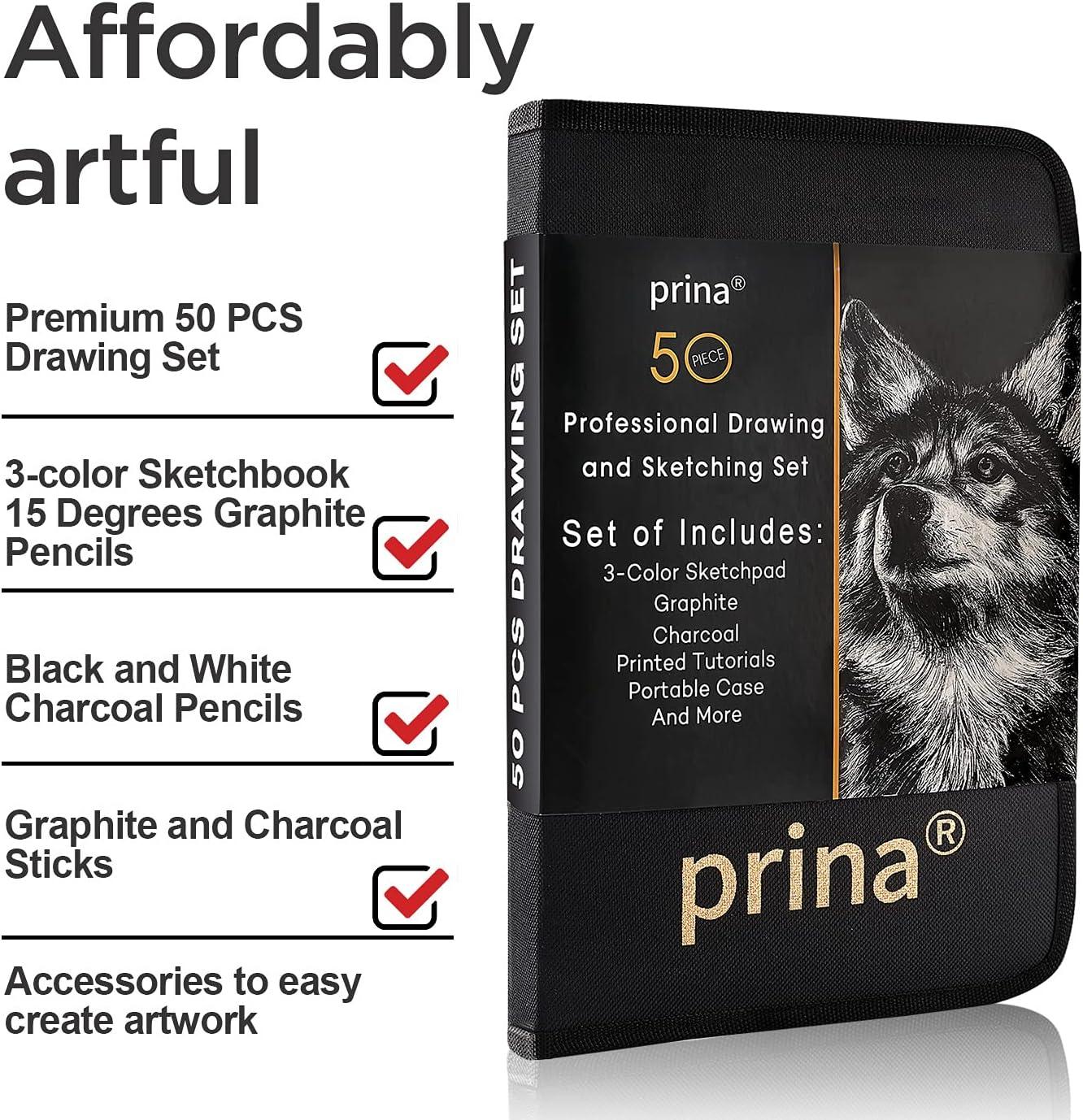 Prina 50 Pack Drawing Set Sketch Kit Sketching Supplies With 3