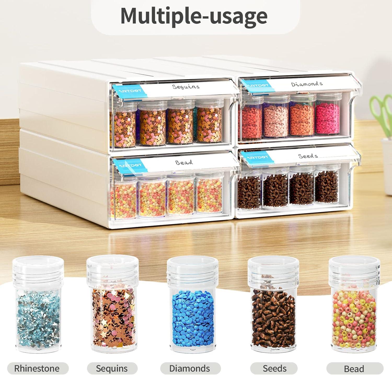 ARTDOT Diamond Painting Storage Containers 4 Pack Stackable Bead Organizers  with 128 Slots and Diamond Art Accessories and Tools for Beads Nail Pill  Rhinestones Seed 4 Drawer(128 Jars)