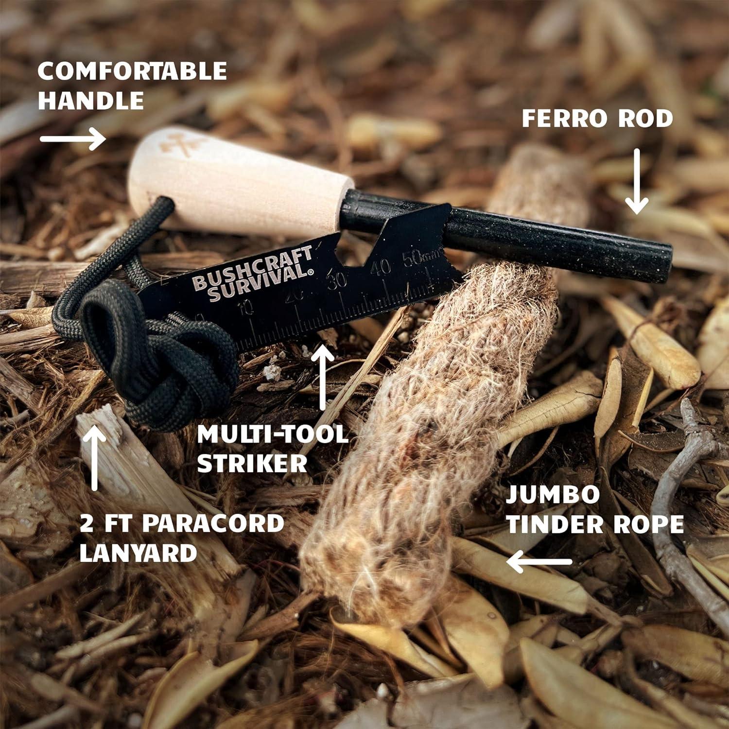Bushcraft Survival Ferro Rod Fire Starter Kit & Backpacking Multitool, Flint and Steel Striker