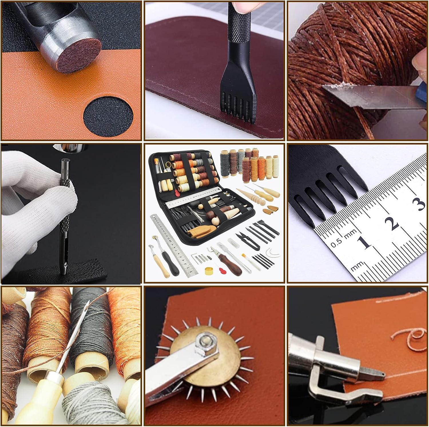 PLANTIONAL Leather Working Tools for Beginners: Professional Leather Craft  Kit with Waxed Thread Groover Awl Stitching Punch for Leathercraft Adults  Gifts
