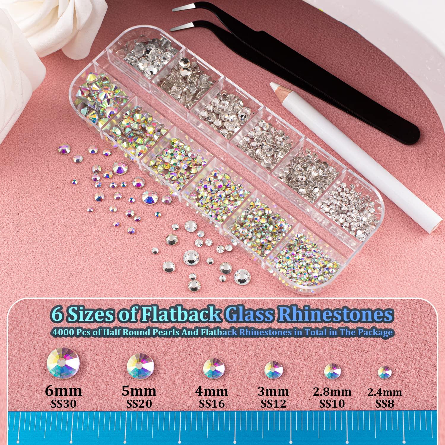4000 PCS Half Round Pearls and Rhinestones, Flat Back White and Beige Half  Pearls and Clear+AB Round Crystal Gem Kit with Tweezer and Pickup Pencil