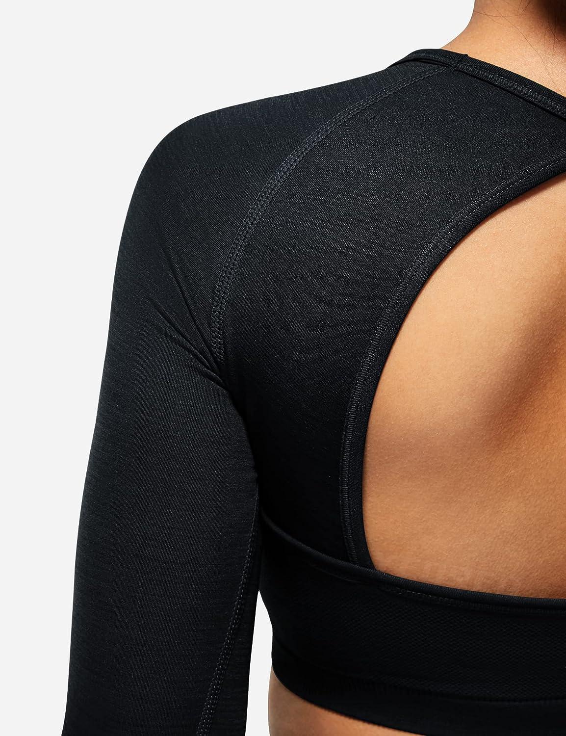 YEOREO Amplify Seamless Long Sleeve Crop Gym Shirts for Women Workout Yoga  Tops #01 Black(open