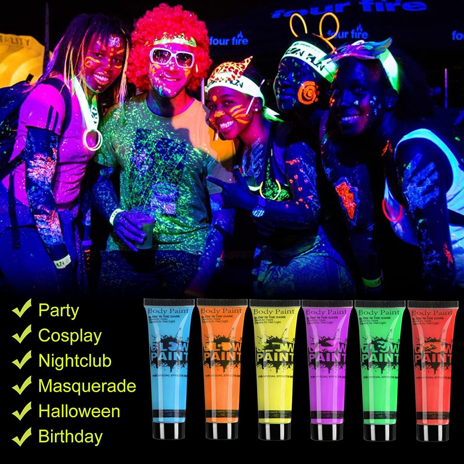 UV Glow Blacklight Face and Body Paint 0.34oz - Set of 6 Tubes - Neon Fluorescent