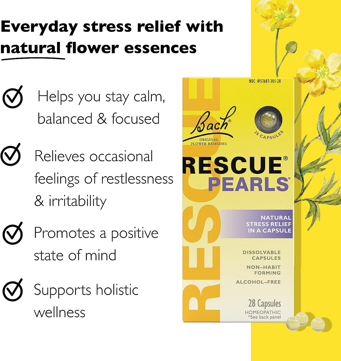 Bach RESCUE PEARLS, Natural Orange Vanilla Flavor, Natural Stress Relief, Homeopathic  Flower Essence, Quick-Dissolve, Gluten & Sugar-Free, 28 Count 1 Count