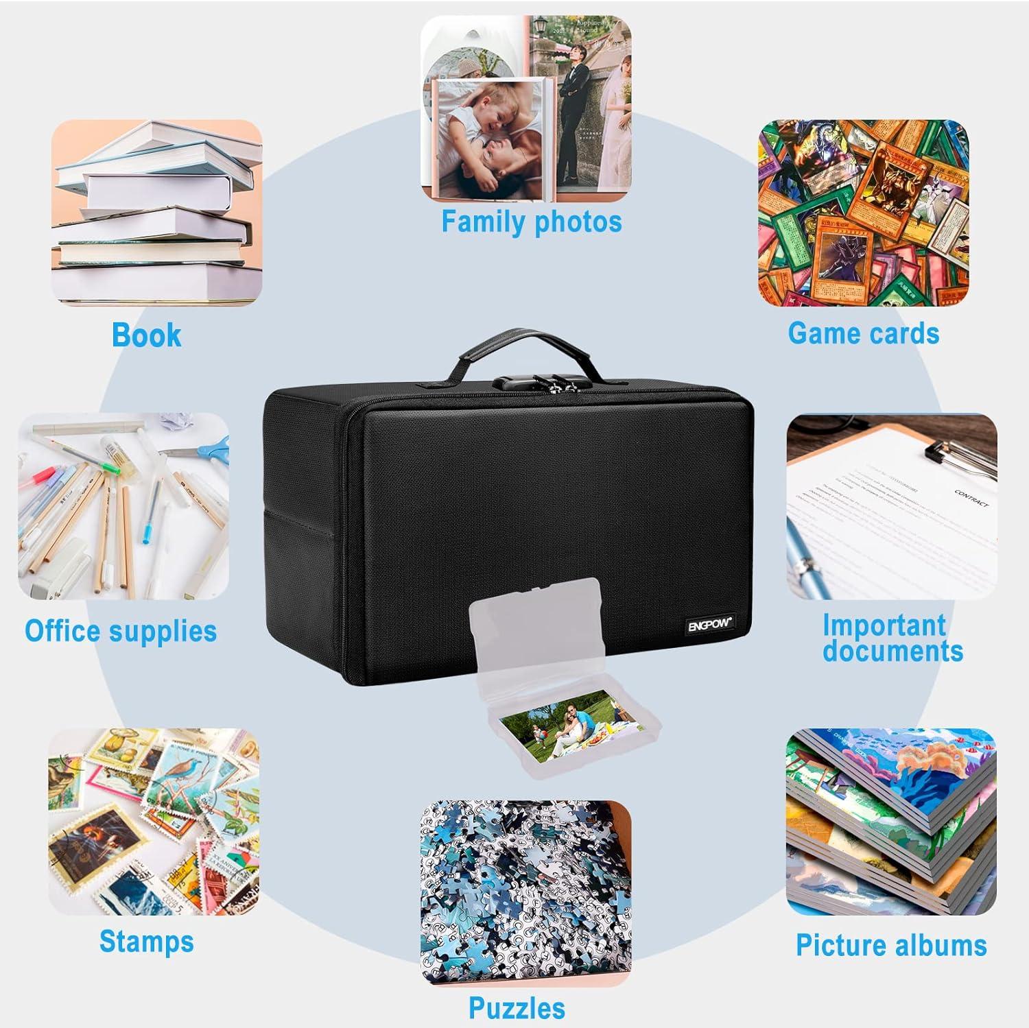 ENGPOW Fireproof Photo Storage Box with 12 Inner 4 x 6 Photo Case(Clear)  Photo Box Organizer with Lock Collapsible Portable Photo Storage Containers  with Handle for Photos Picture Valuables Box + 12
