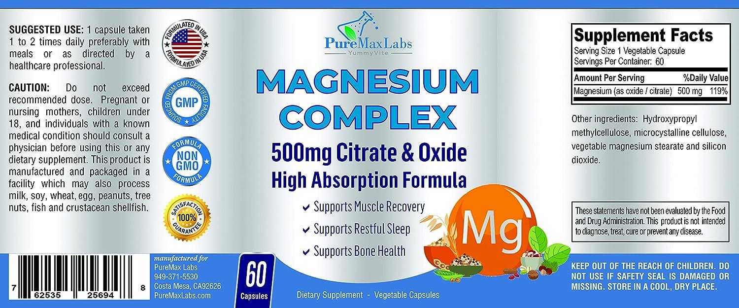 Magnesium Citrate Complex | 500MG | High Absorption Formula | Calm,  Relaxation & Digestion Support Supplement with Elemental Magnesium Oxide 