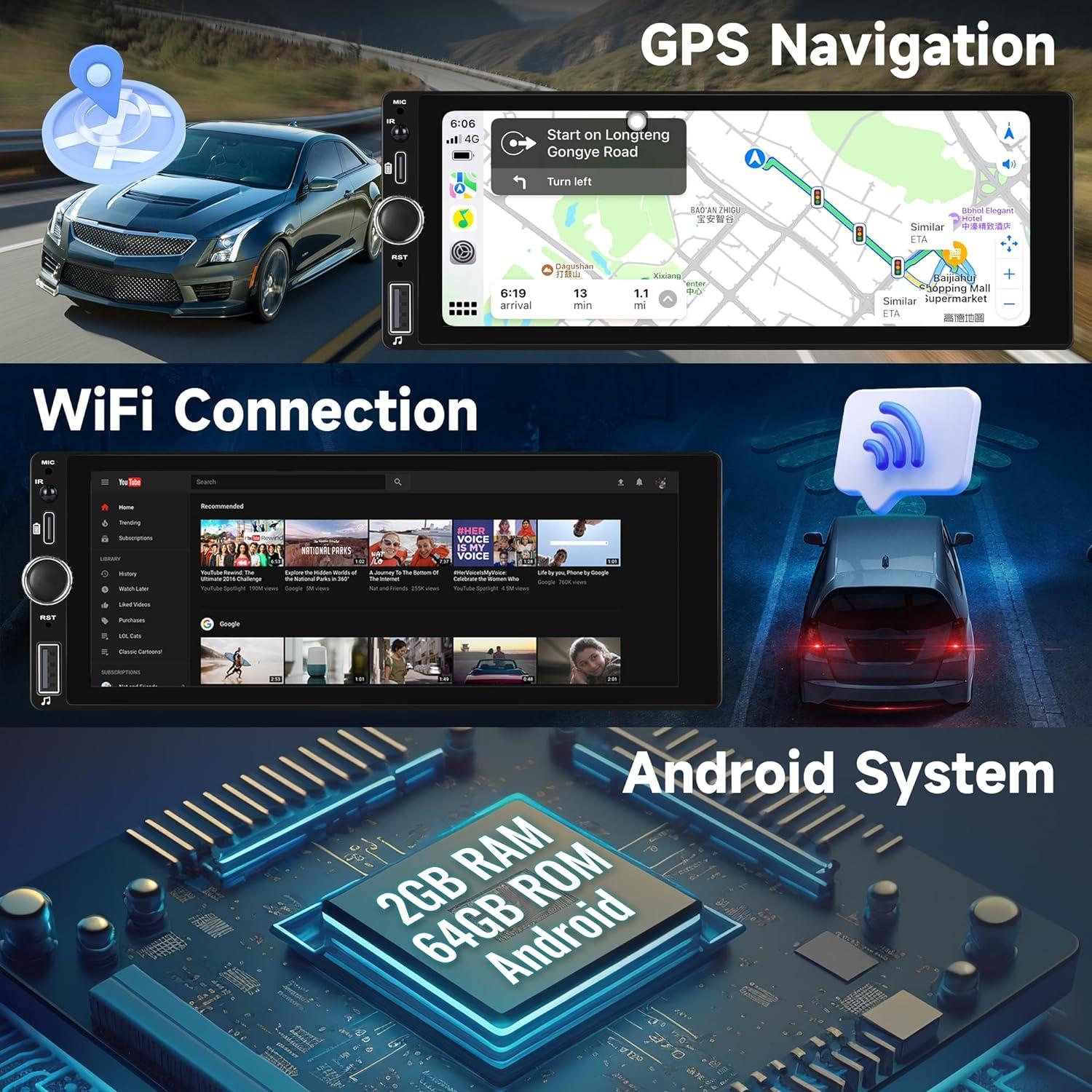 2G+64G Android Car Stereo Single Din Touchscreen 6.86