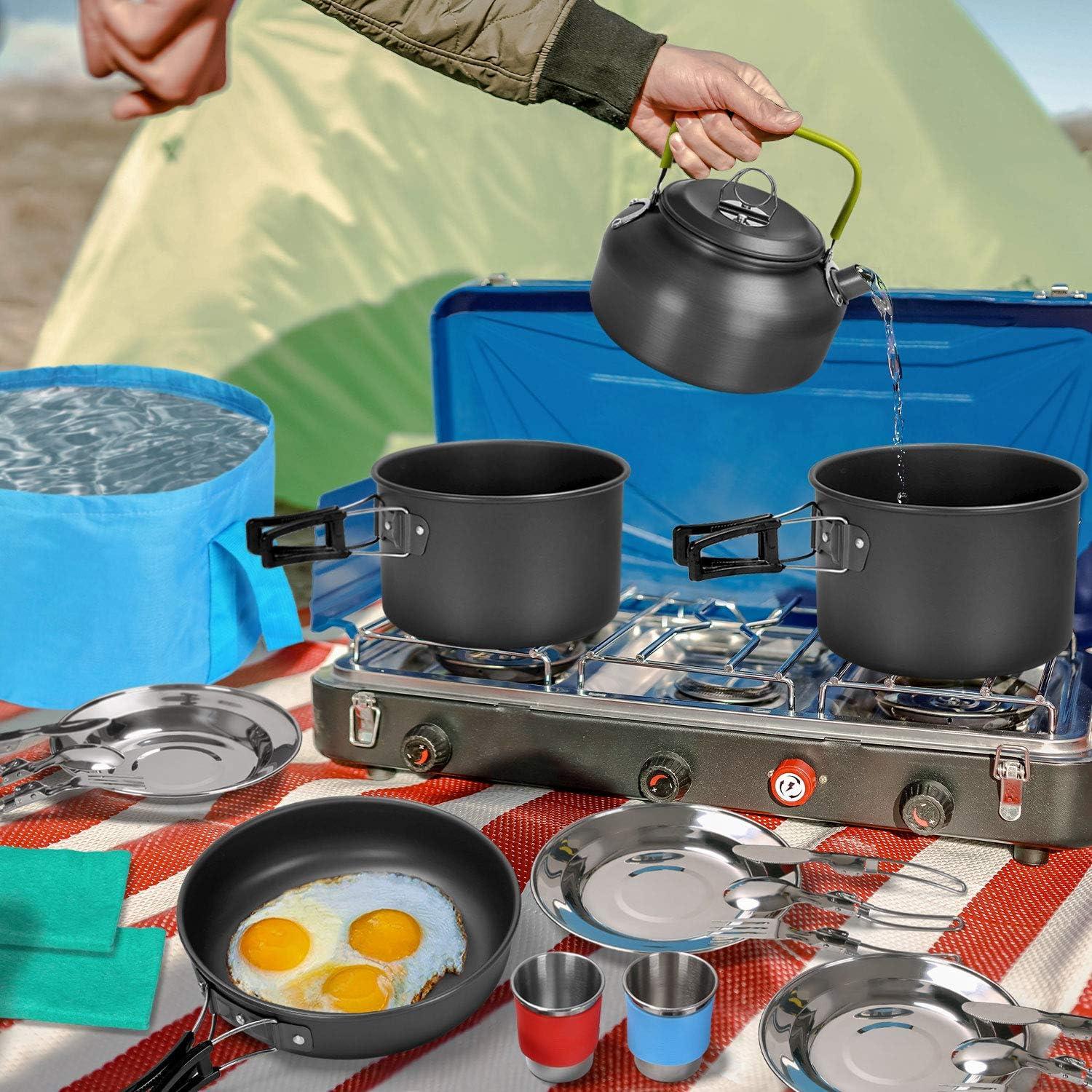Odoland 29pcs Camping Cookware Mess Kit, Non-Stick Lightweight Pots Pan  Kettle, Collapsible Water Container and Bucket, Stainless Steel Cups Plates  Forks Knives…