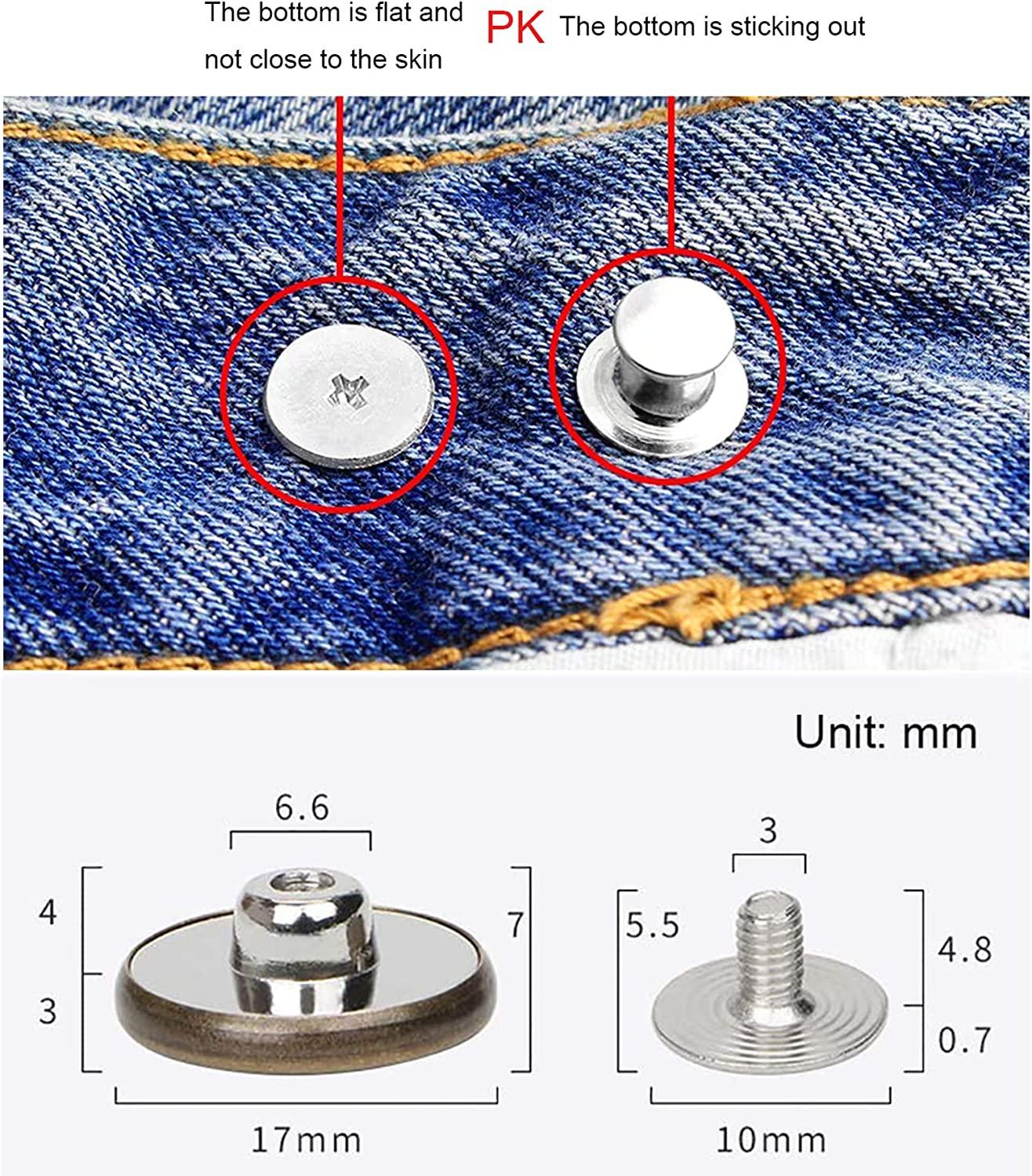 12 Pcs Button for Sewing Metal Jeans,ICEYLI 17 mm No-Sew Nailess Removable  Metal Jeans Buttons Replacement Repair Combo Thread Rivets and Screwdrivers