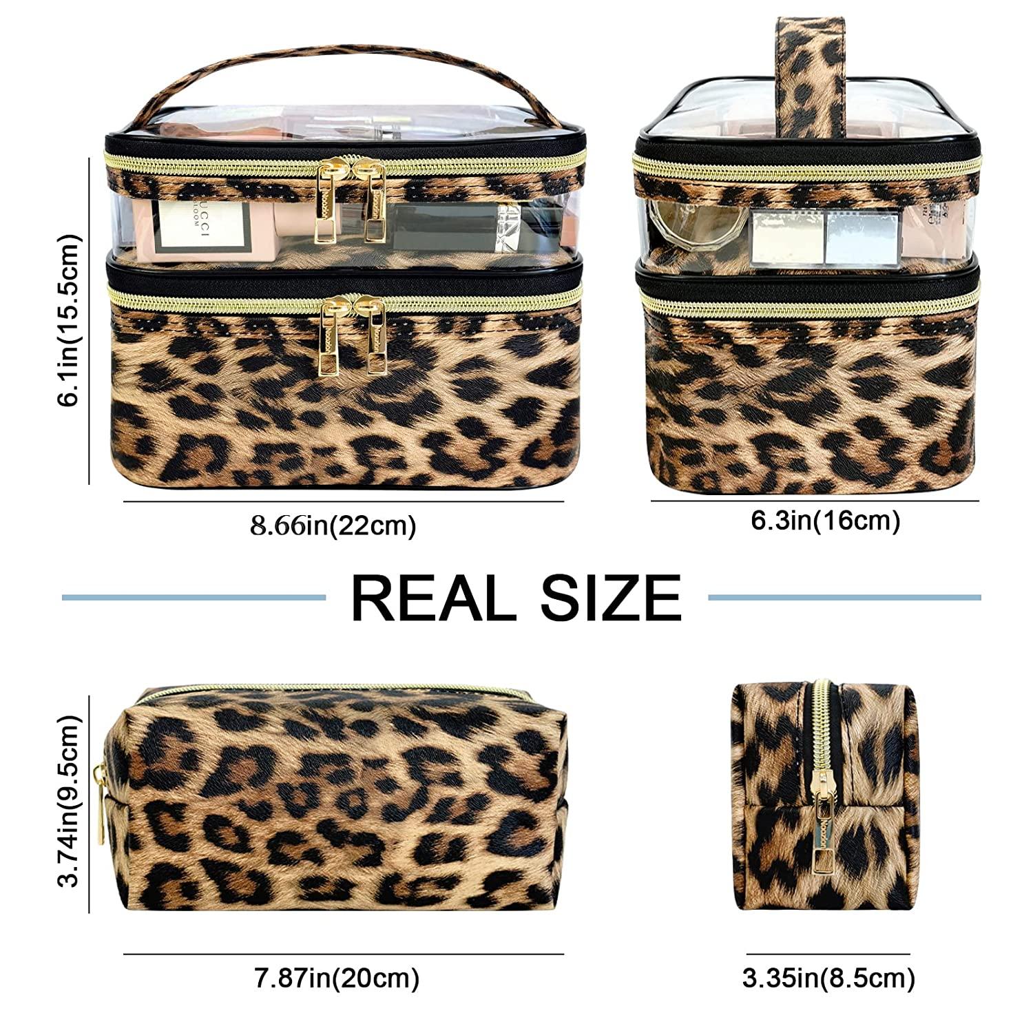 Jarrel 3Pcs Makeup Bag Set Travel Portable Cosmetic Bag - Clear & Leopard Print  Pouch Waterproof Organizer Multifunction Case (3in1 Leopard Print) 