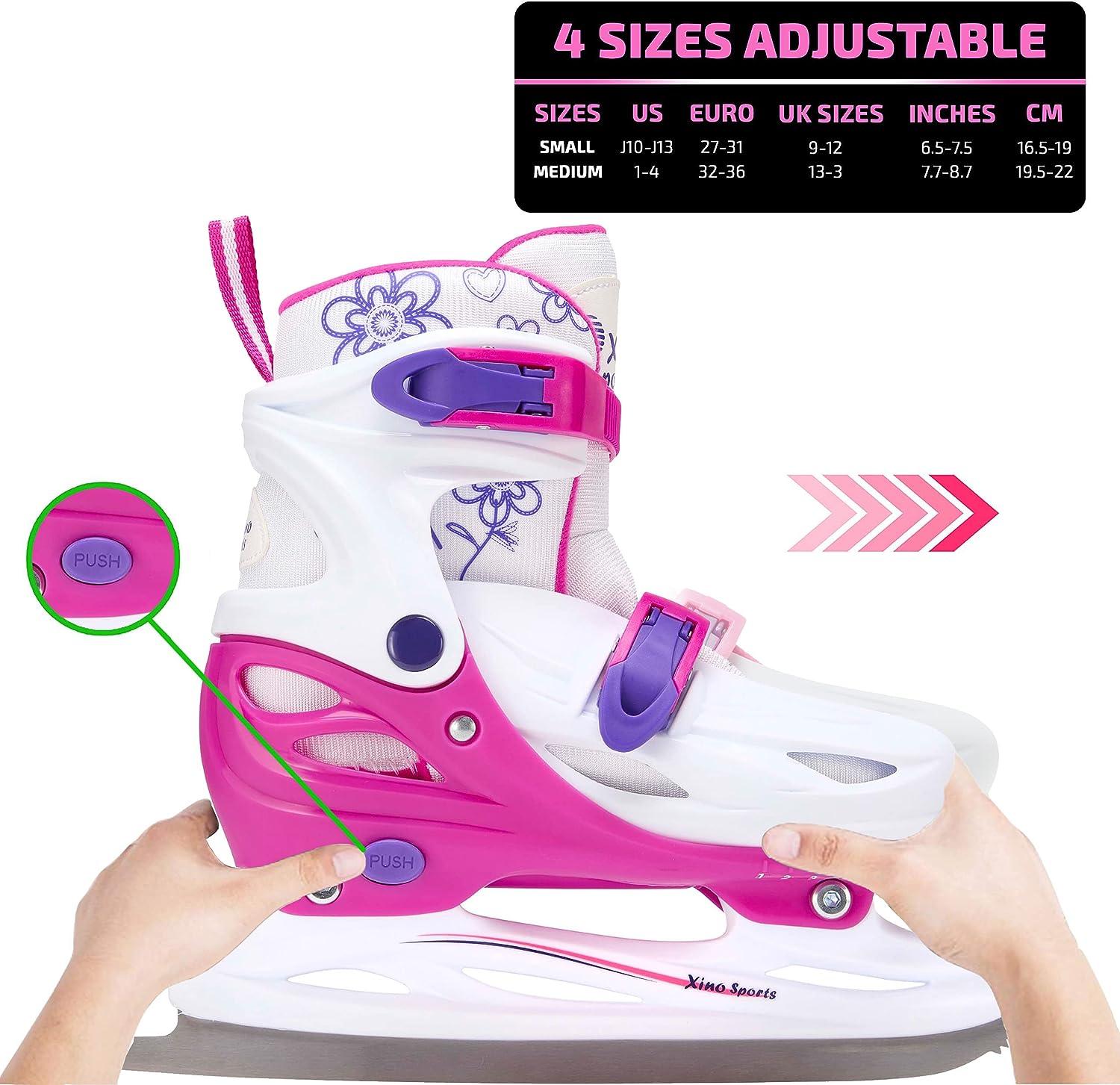 Xino Sports Adjustable Ice Skates - for Girls and Boys, Two Awesome Colors  - Blue and Pink, Soft Padding and Reinforced Ankle Support, Fun to Skate!  Pink Medium Big Kid (1-4)