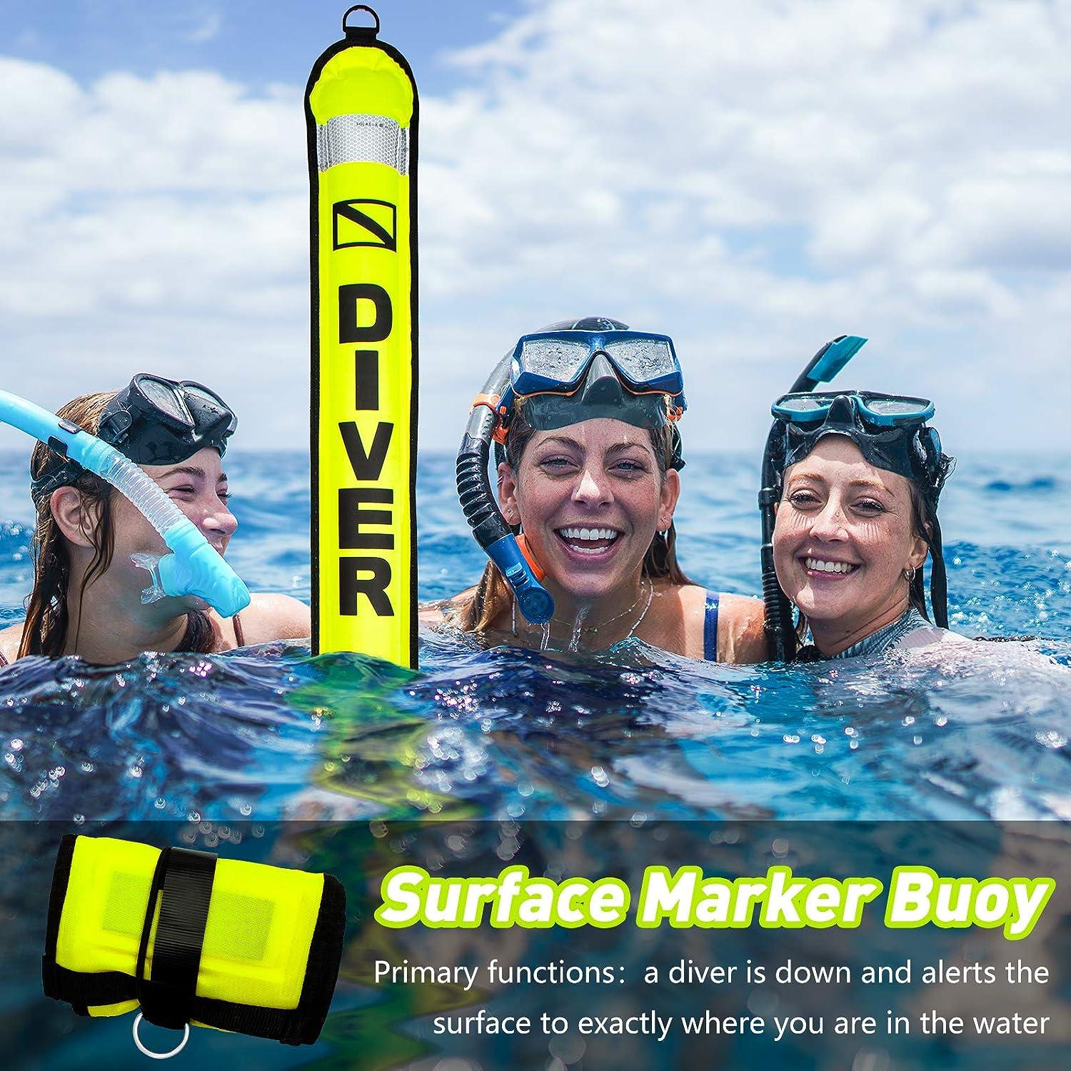 5ft Scuba Diving Surface Marker Buoy (SMB), Safety Sausage with Plastic  98ft Finger Spool Reel and Double Ended Hook Clip + Emergency Whistle for  Underwater Diving Yellow