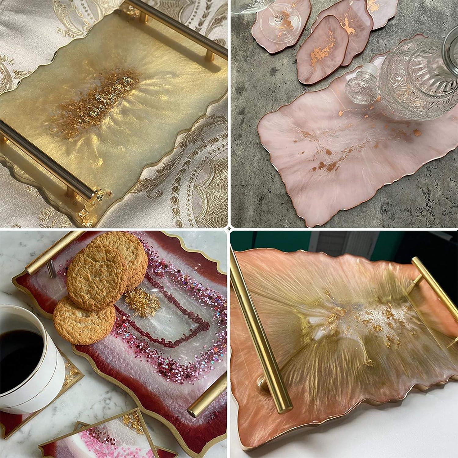 Resin Tray Molds and Gold Handles Set Silicone Tray Mold Irregular Casting  Agate Epoxy Molds for DIY Crafts Making Faux Agate Tray Serving Board Home