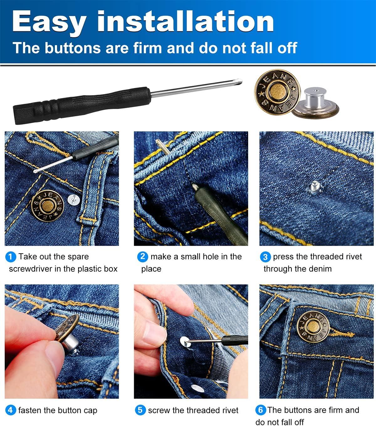 Jeans Button Replacement No Sew: YUANHANG 24 Sets Metal Buttons for Pants -  Instant Adjustable Button - Tighten Waist Size by 1 Inch or Extend an Extra  Inch - Contains A Removable Screwdriver