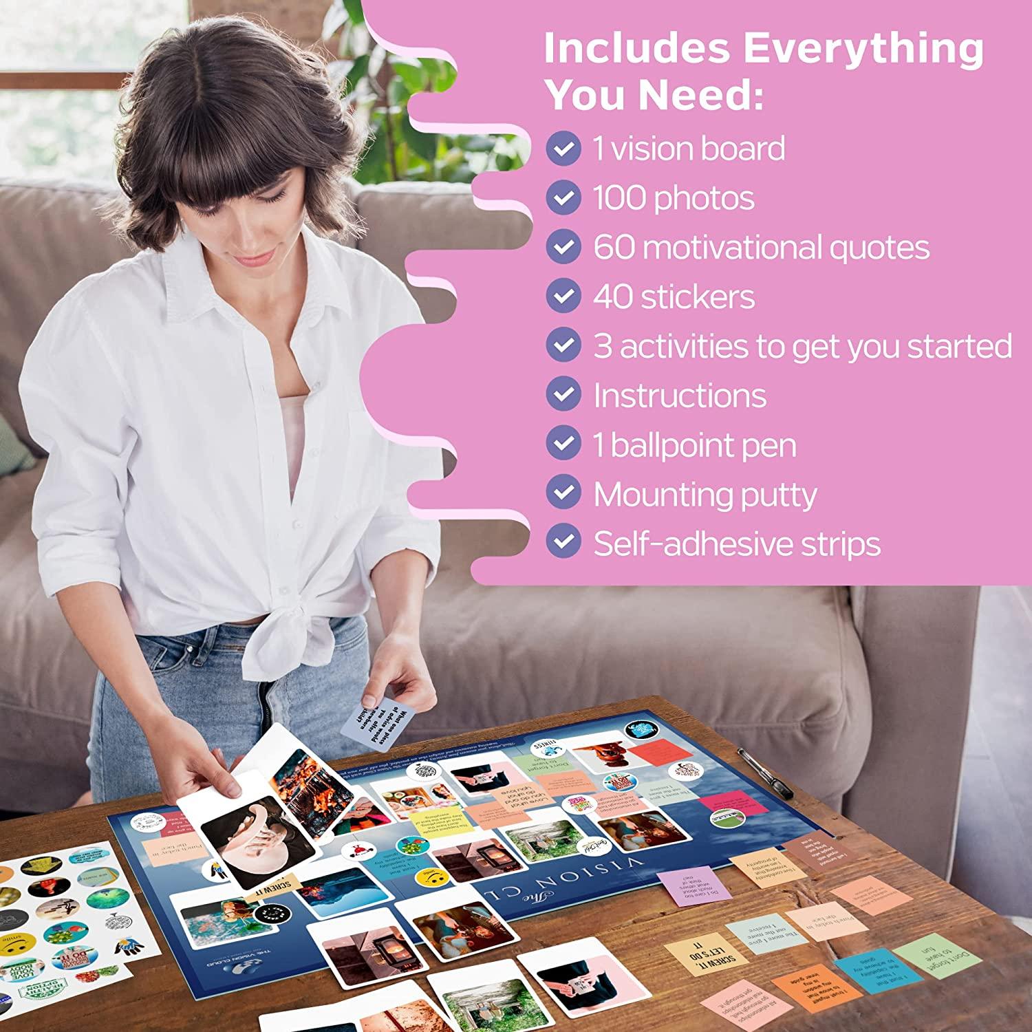 The Vision Cloud Vision Board Kit for Women Manifestation Supplies - 1 Dream  Board - 100 Pictures - 60 Affirmation Cards - 40 Stickers - Mounting Putty  - & Self-Adhesive Strips Adult Mood Board
