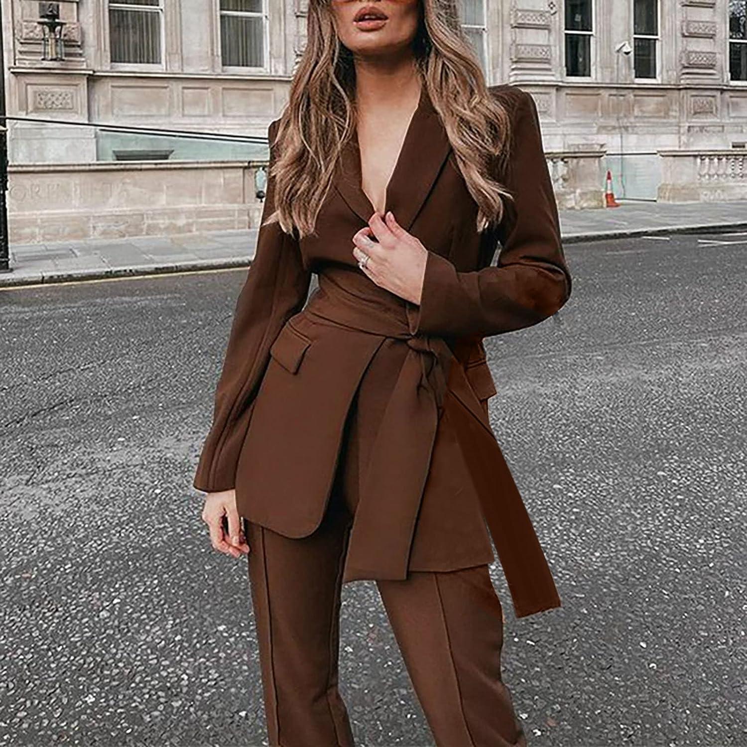 Women's Blazer Suits Two Pieces Business Sets Long Sleeve Belted Sets  Jackets Slim Fit Work Pants Office Outfits Brown Large