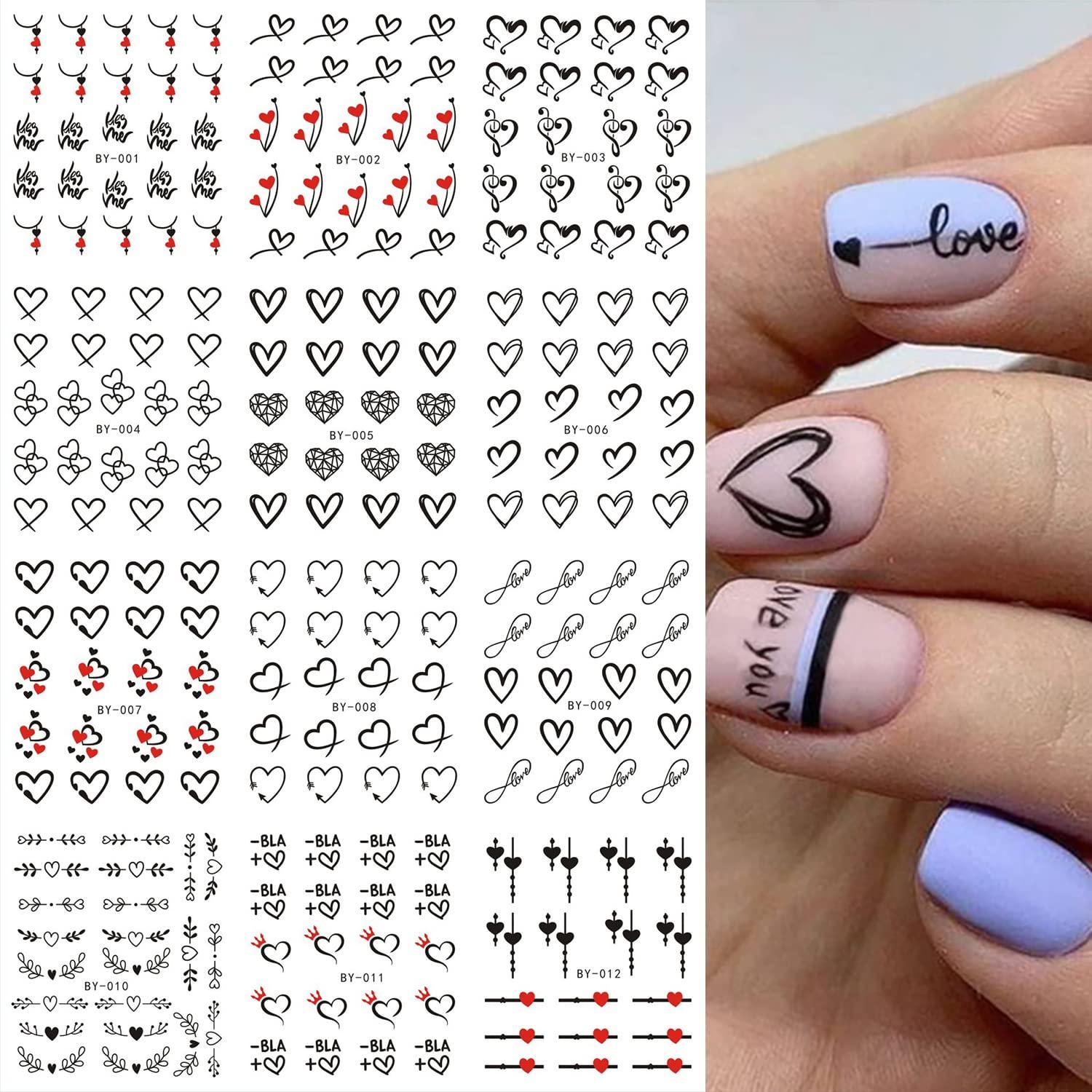 36Pcs Valentines Day Nail Art Stickers Decals Heart Cartoon 3D  Self-Adhesive Nail Decorations Cute Comic Love Nail Sticker Red Black Heart  Designs Nail Supplies Valentines Nail Accessories