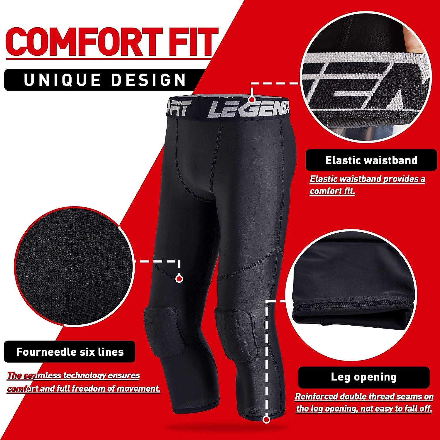 Men's Basketball Pants with Knee Pads 3/4 Compression Pants Capri Tights  Athletic Workout Leggings