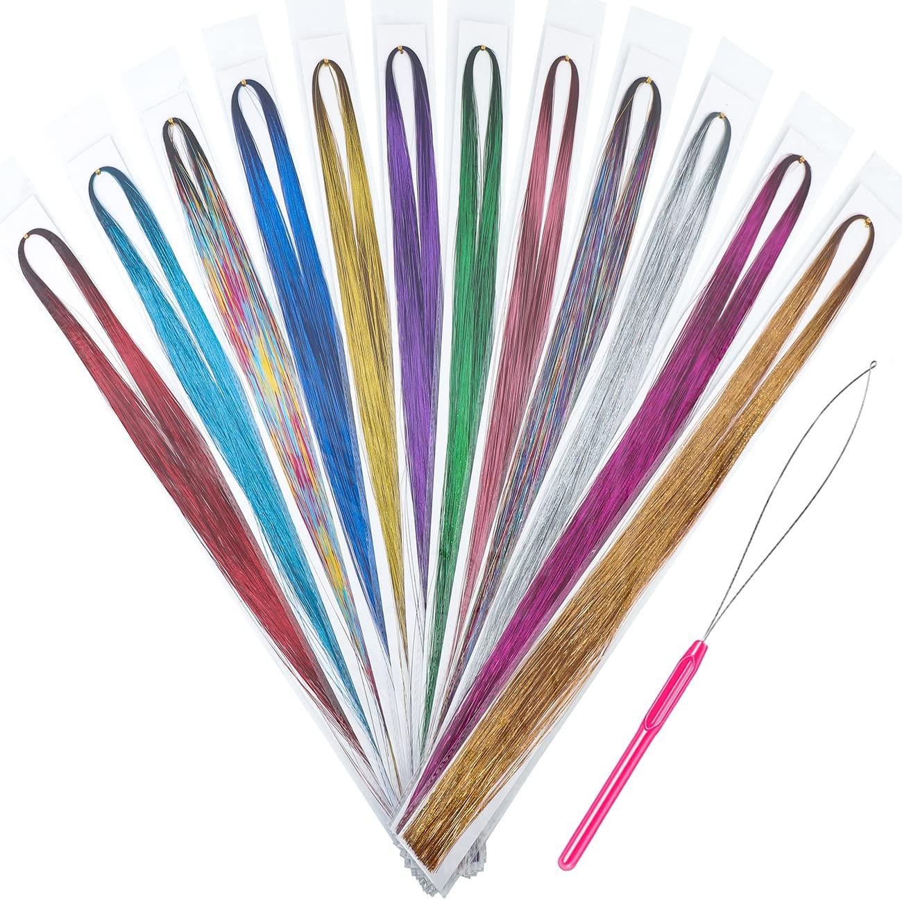 Hair Tinsel Kit Strands With Tool 47inch 12 Colors Strands Fairy Hair  Tinsel Kit Hair Ext_