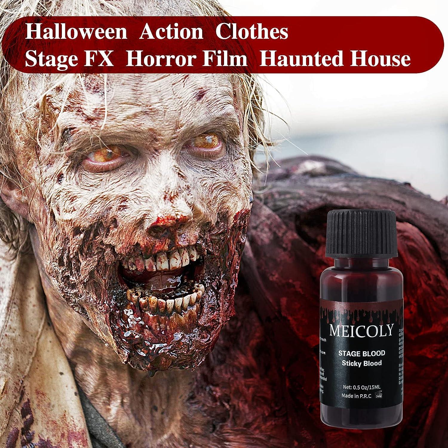 MEICOLY Fake Blood Washable,Edible Stage Blood,0.5 oz Realistic Drips  Sticky Fake Blood with Brush,Safe for  Mouth,Teeth,Nosebleed,Halloween,Cosplay,Scar,Wound SFX Makeup,Special  Effects,Dark 0.5 oz stage blood,dark
