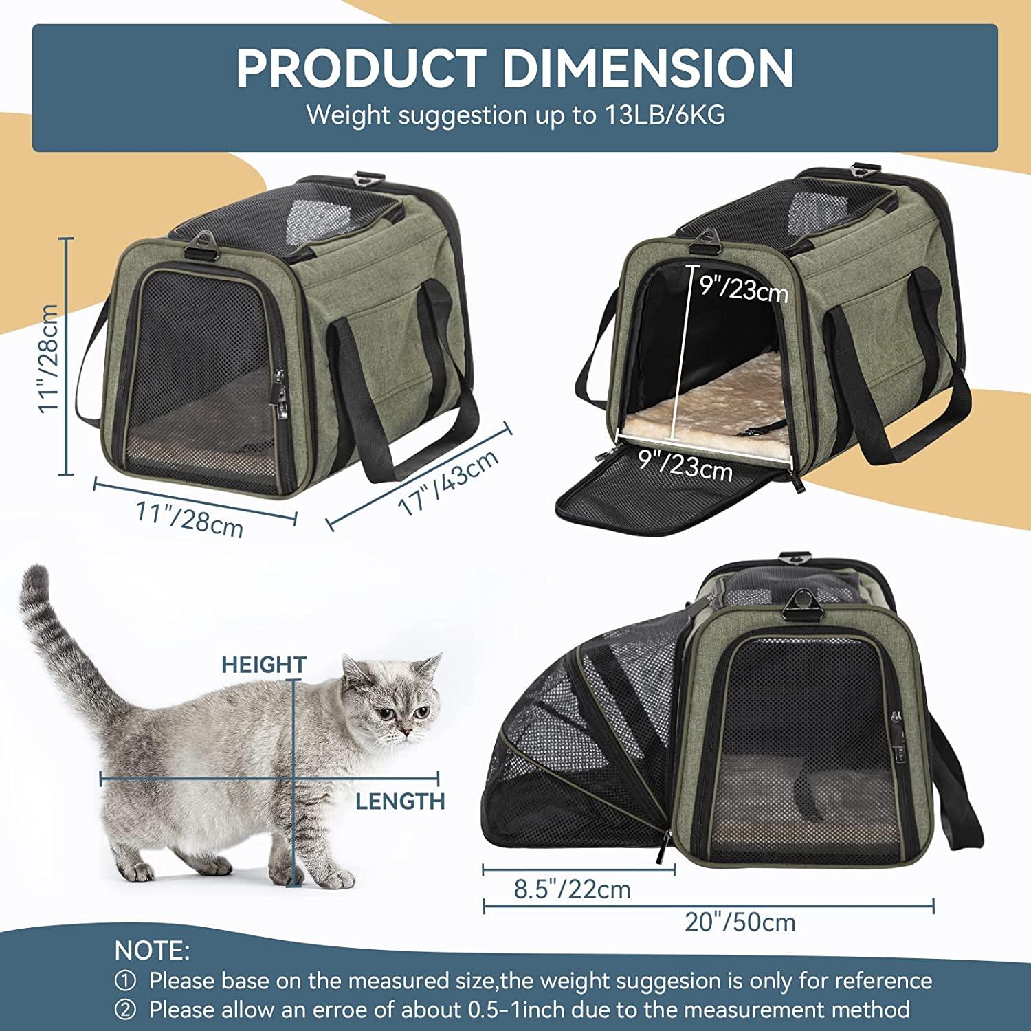 Petsfit Expandable Cat Carrier Dog Carrier,Airline Approved Soft-Sided  Portable Pet Travel Washable Carrier for Kittens,Puppies M:17x11x11 Green