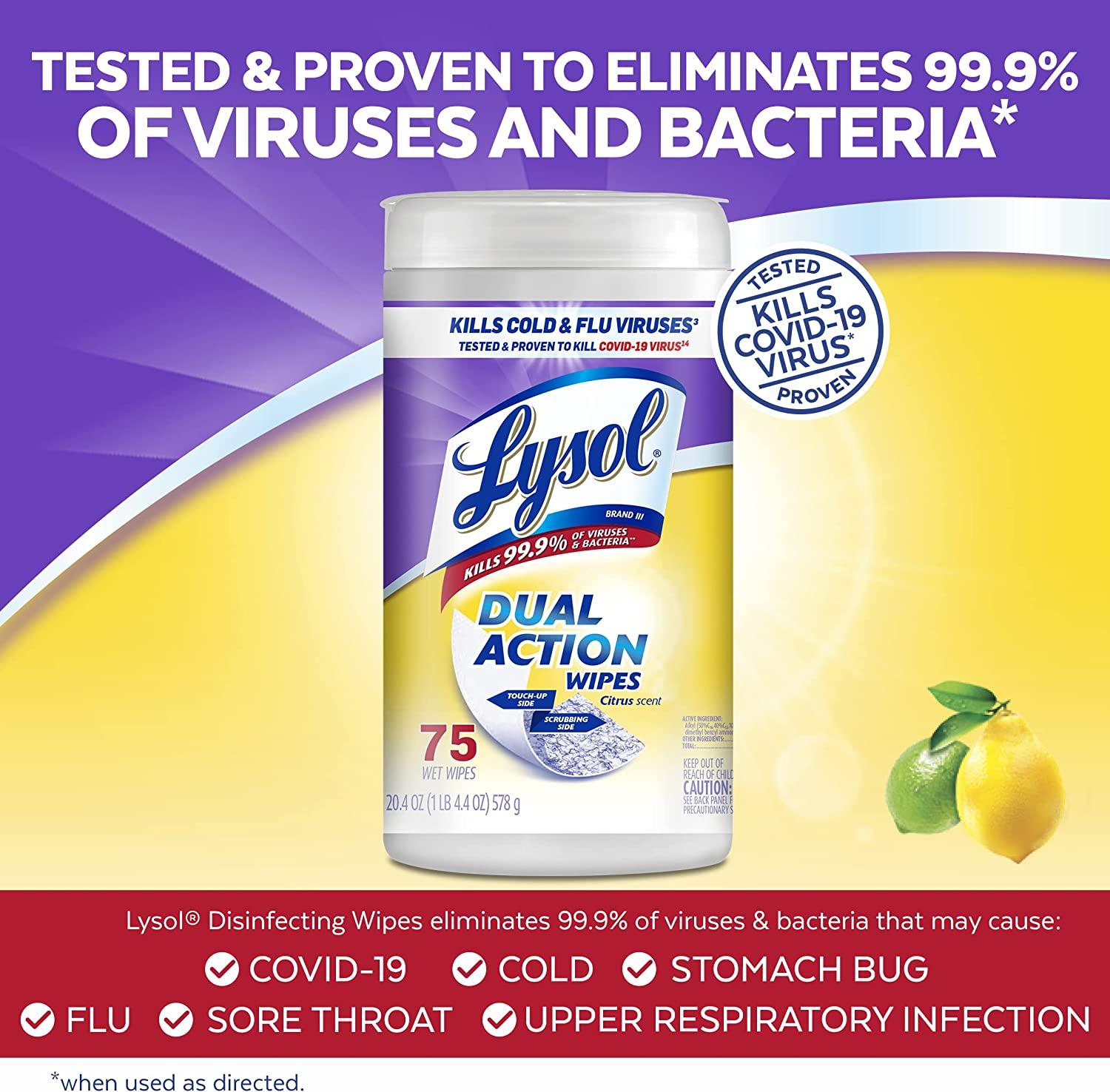 Lysol Dual Action Disinfecting Wipes Citrus 75 Ct Powerful Cleaning And Protection 4192