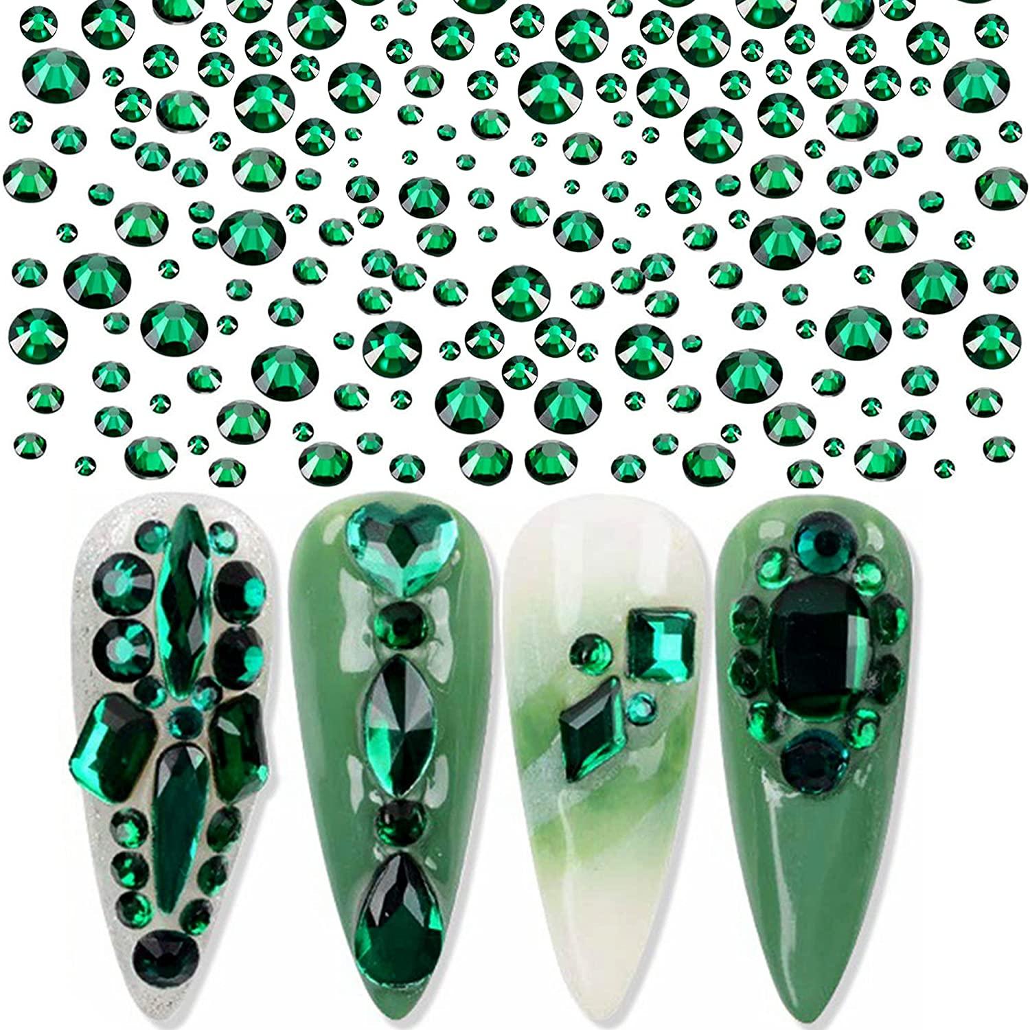 6010Pcs Green Nail Rhinestones 300 Multi Shapes Emerald Green Rhinestones  Gems +5710 Glass Round Flatback Nail Stones Diamonds Jewels Pearls Nail