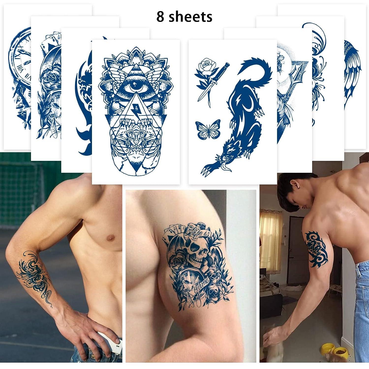 Stylish Temporary Tattoo Stickers - Blue Peony Flower & Moon Bird Design