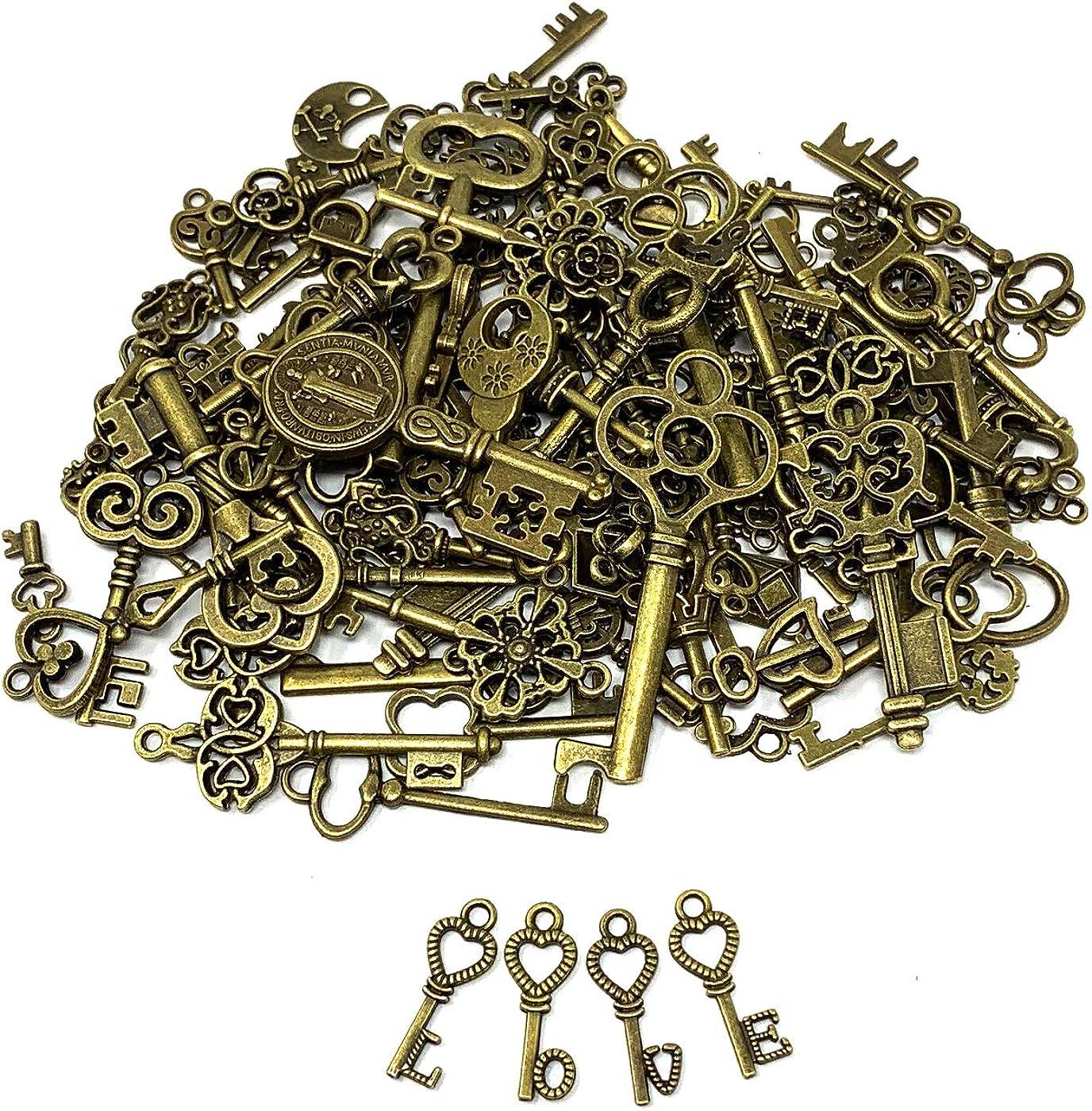 125 PCS Vintage Skeleton Key Set Charms, JIALEEY Mixed Antique Style Bronze  Brass Key Set Charms for Pendant DIY Jewelry Making Wedding Party Favors