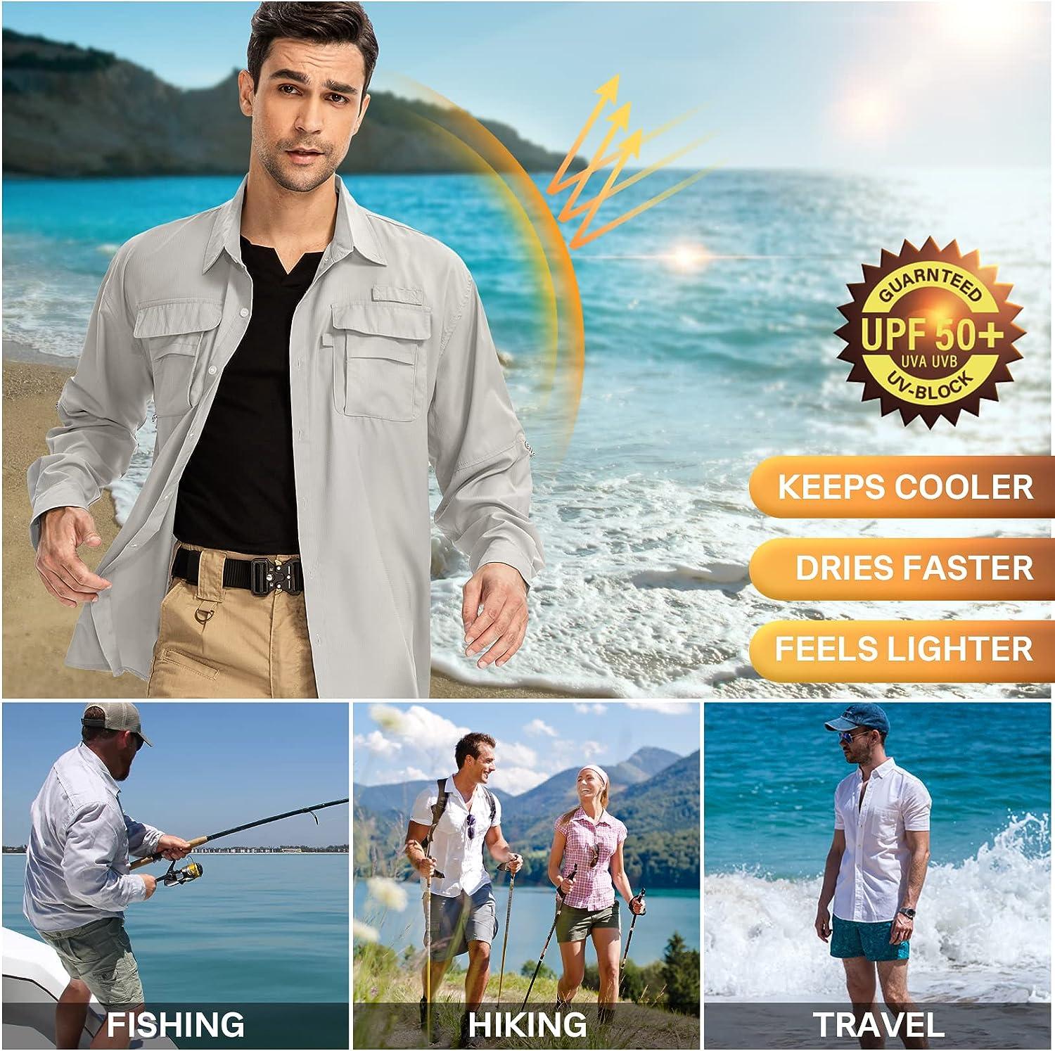 Anteef Mens Safari Shirts Long Sleeve UV Protection Hiking Fishing UPF 50+  Quick Dry Camping Travel Shirts X-Large Light Grey