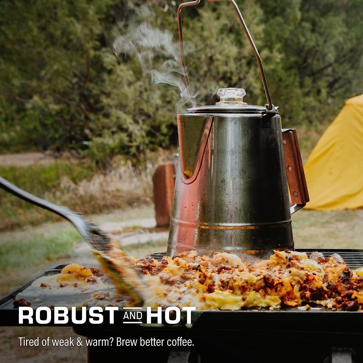 Process of making camping coffee outdoor with metal geyser Stock Photo by  bondarillia