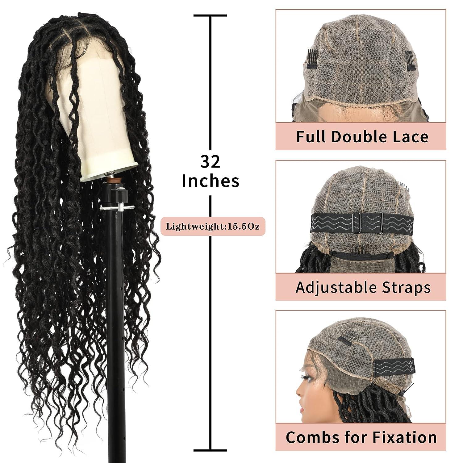 Lexqui 32 Square Knotless Locs Braided Wigs with Boho Curls for Women  Embroidery Full Double Lace Front Braided Wigs with Baby Hair Synthetic  Curly