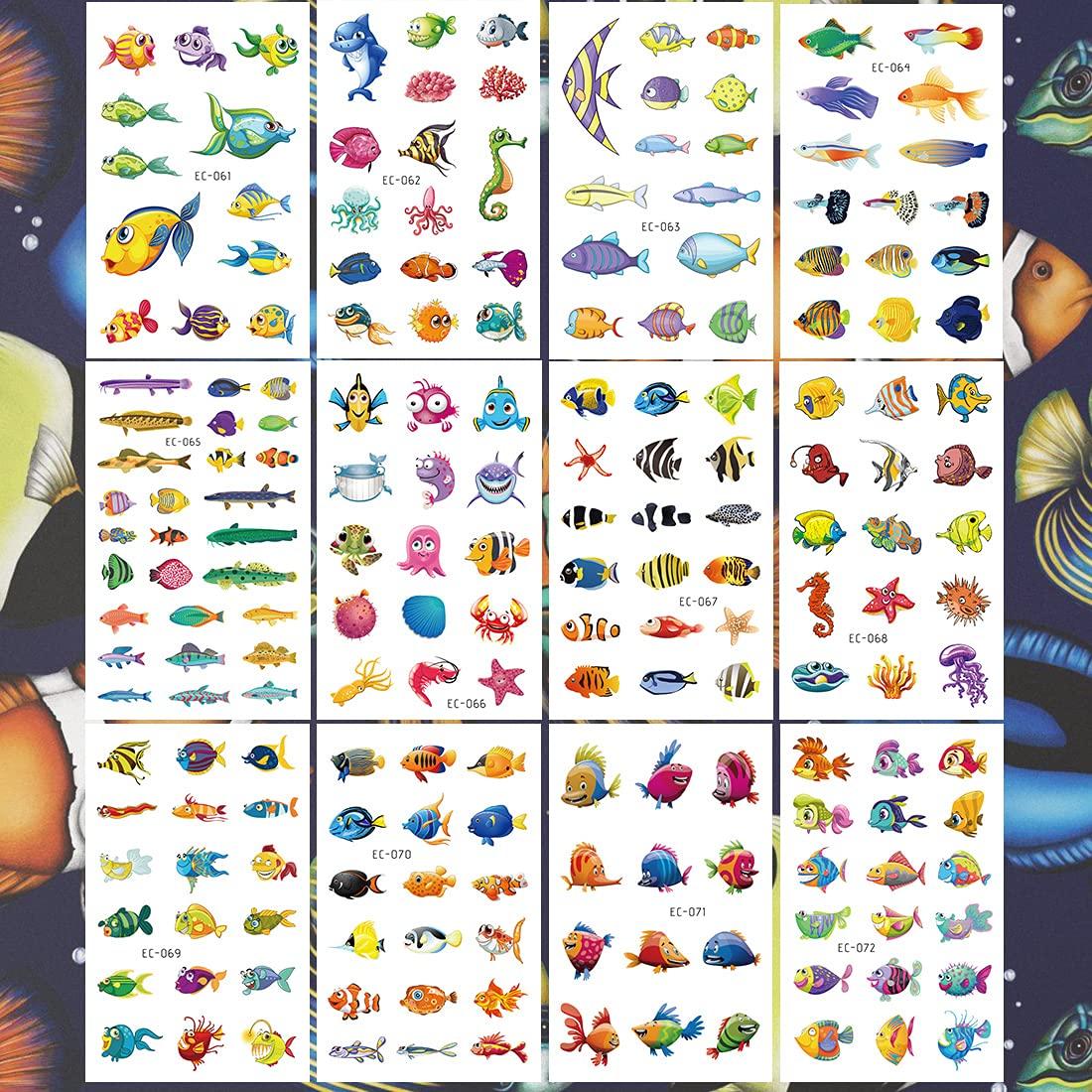 Ooopsiun Ocean Animals Temporary Tattoos for Kids - 12 Sheets Ocean Fish  Birthday Party Decorations Supplies Favors for Boys Girls