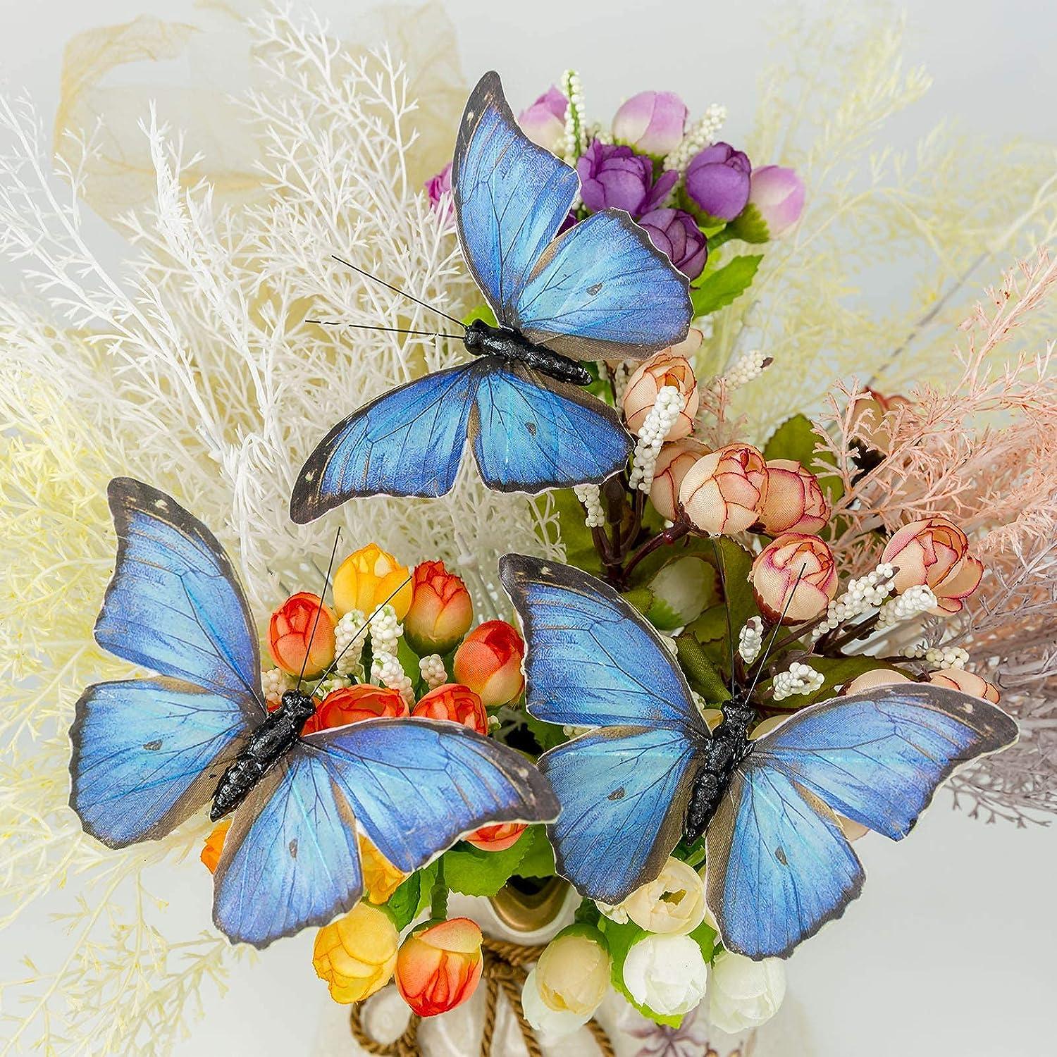 Berfutall-Morpho Butterfly Feather Butterflies on Picks Floral Supplies Set  of 12 pcs Halloween Thanksgiving Decorations