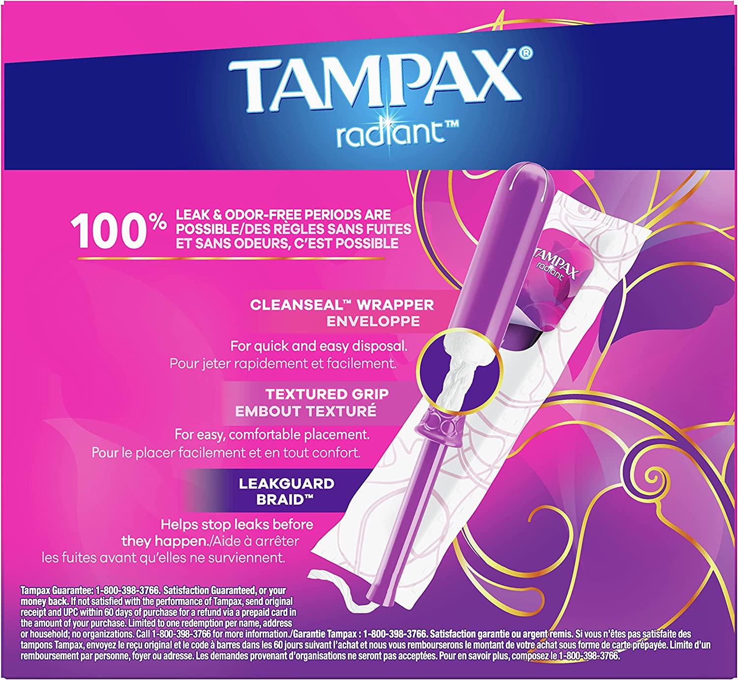 Tampax Radiant Tampons Super Absorbency, 96 Count, BPA Free