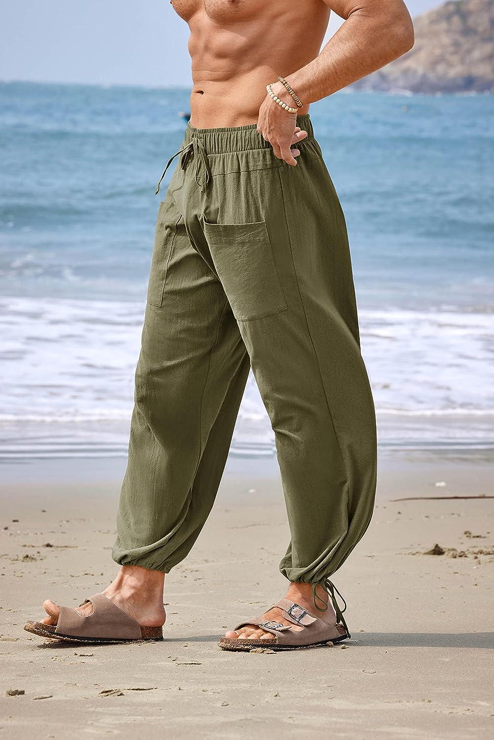Mens Beach Loose Cotton Linen Pants Yoga Drawstring Elasticated