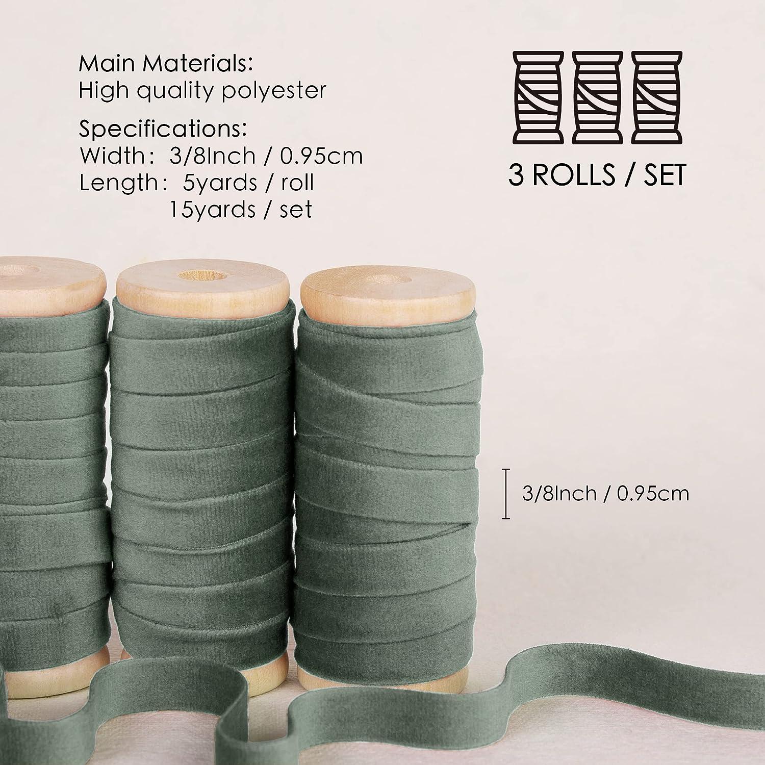 Vitalizart Dusty Green Velvet Ribbon Set 3/8 x 15Yd Wooden Spool