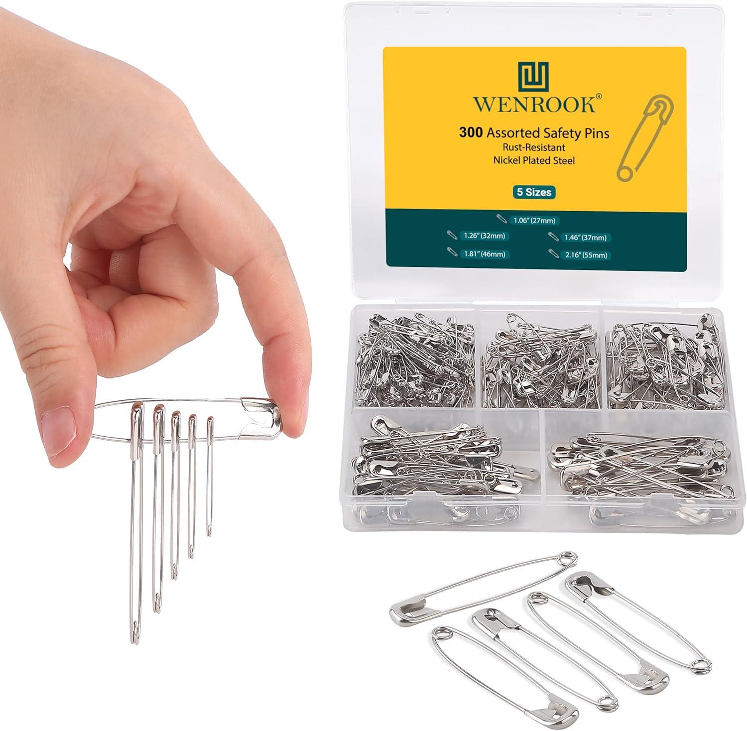 Wenrook Safety Pins Assorted 300 Pack Strong Nickel Plated Steel 5  Different Size Safety Pin Rust Resistant Large Safety Pins Heavy Duty  Safety Pins for Clothes Crafts Sewing and More