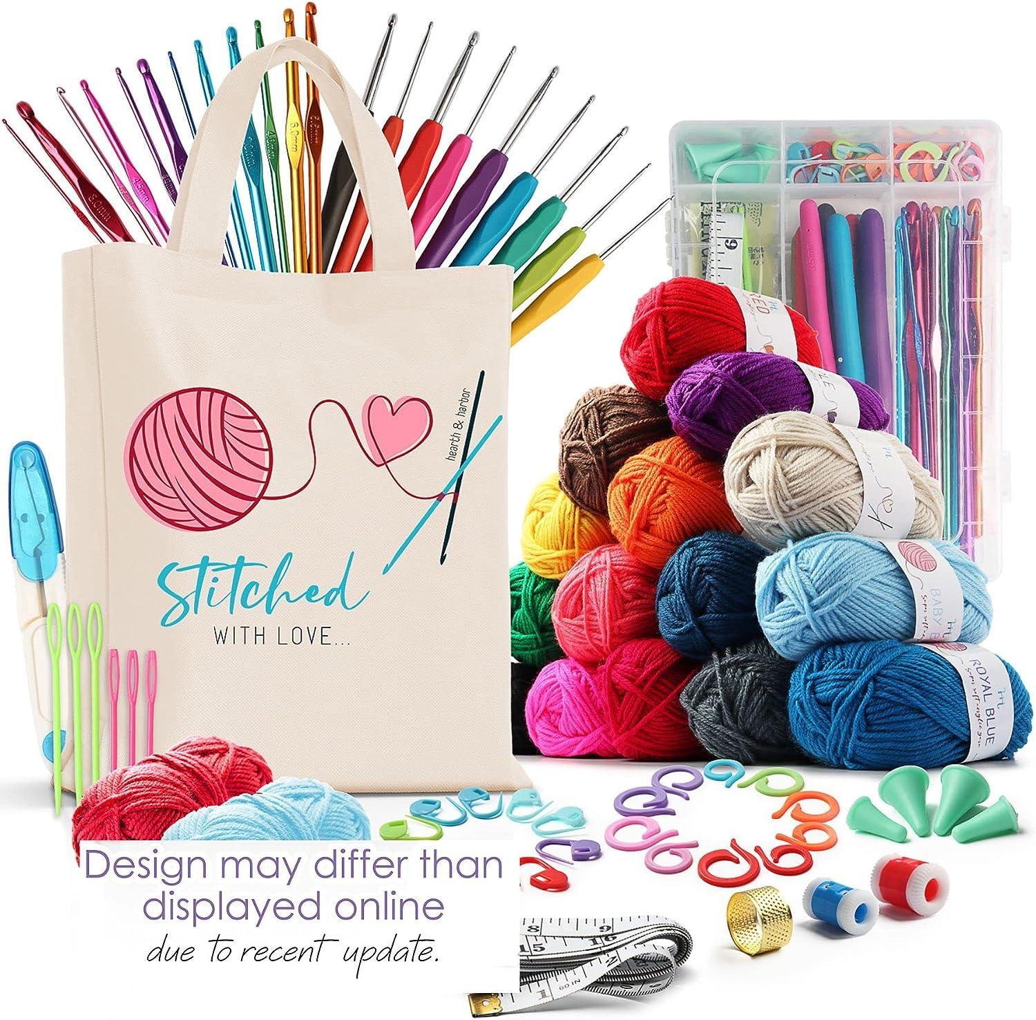73 Piece Crochet Kit with Crochet Hooks Yarn Set - Premium Bundle Includes  Yarn Balls, Needles, Accessories Kit, Canvas Tote Bag and Lot More -  Starter Pack for Kids Adults Beginner, Professionals. Large