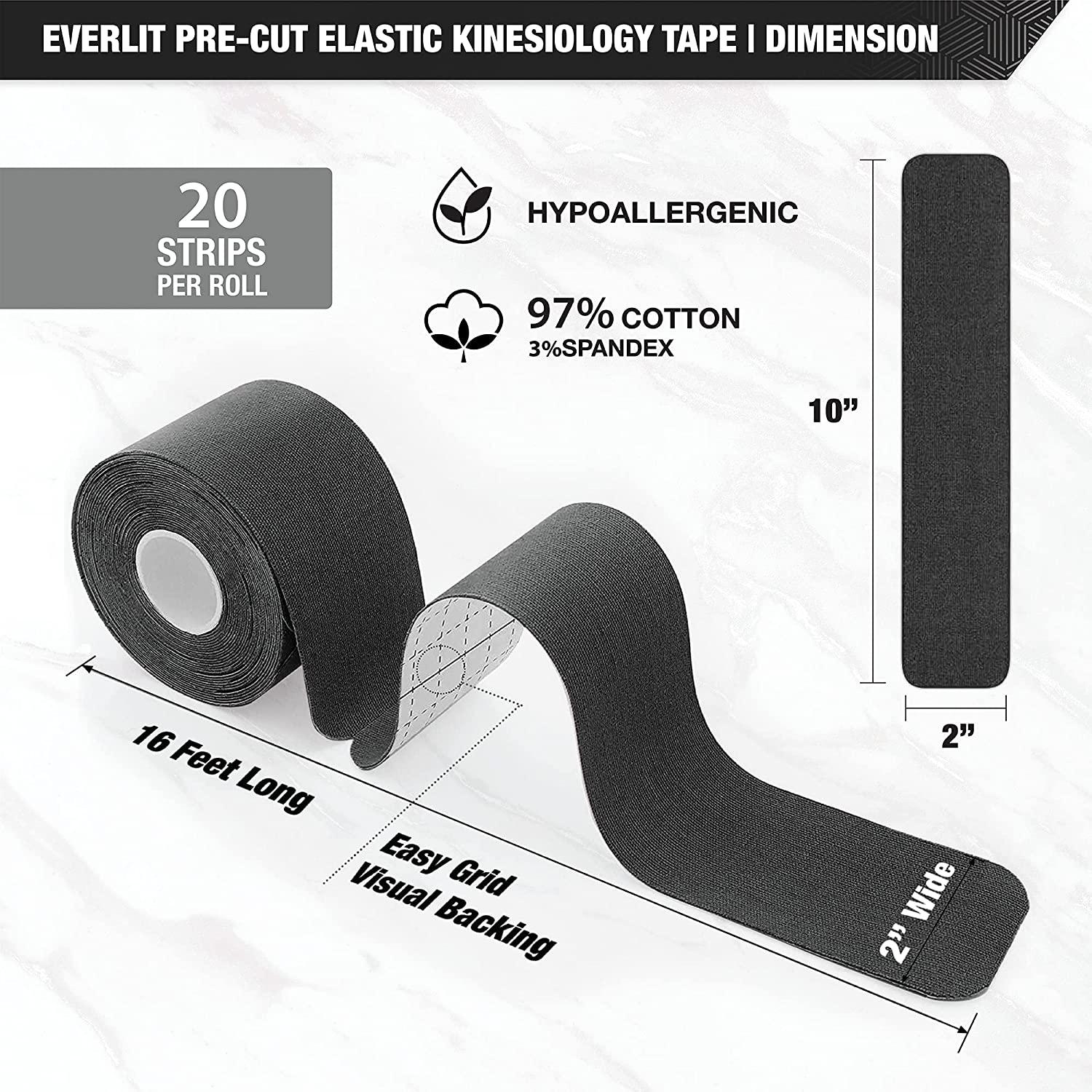 KT Tape Elastic Pre-Cut Strips Athletic Tape, Black - 20 count