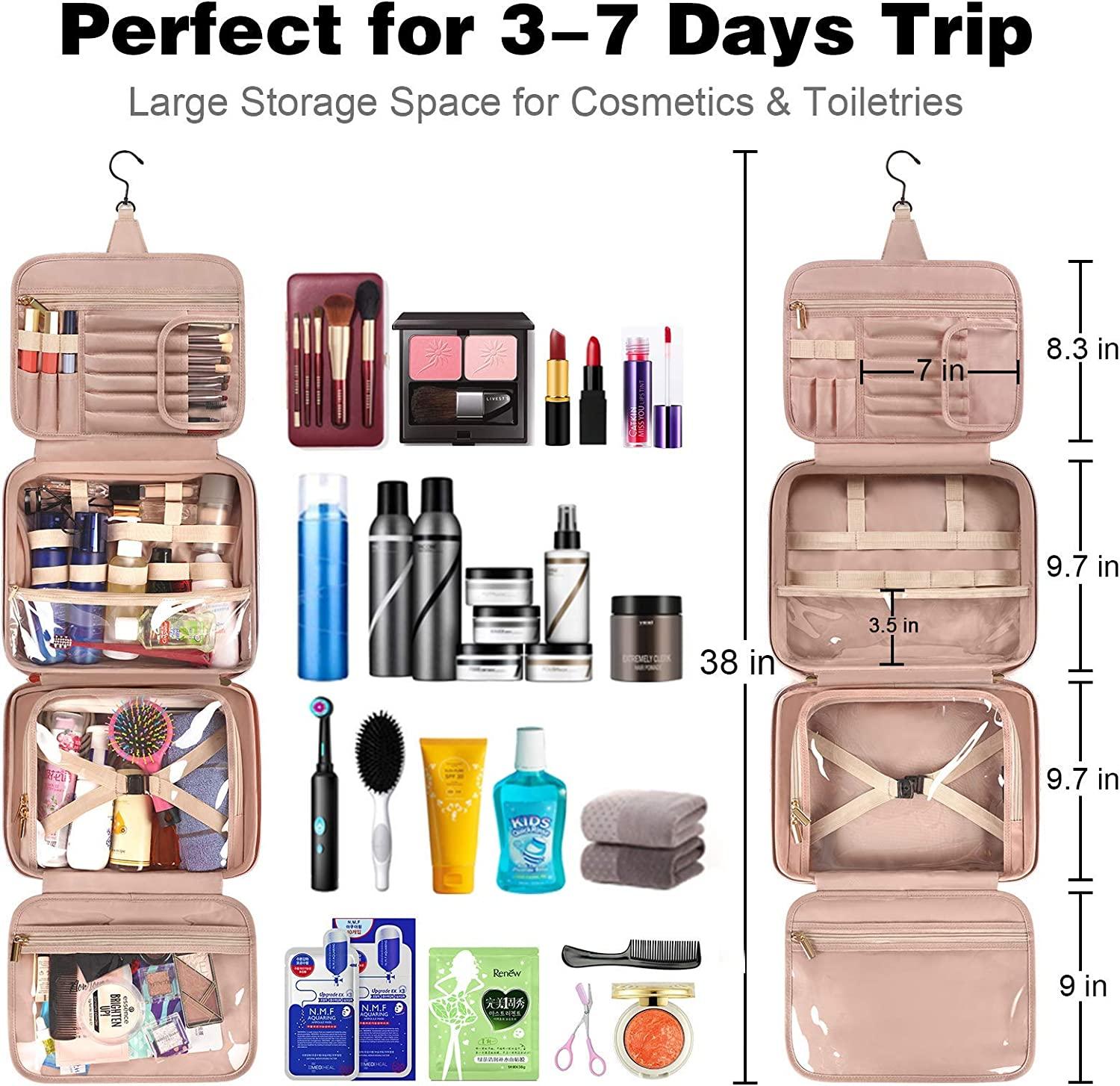 Toiletry Bag, Hanging Travel Makeup Bag for Women, Large Waterproof  Cosmetic Bags Travel Organizer Full Sized Container with Elastic Band  Holders for Toiletries, Cosmetics, Brushes, Bottle, Pink Austere Pink