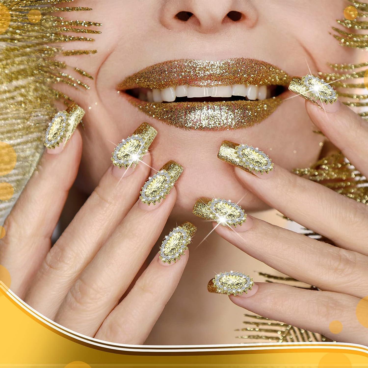 Zircon Charm / Gold  Glue on nails, Golden nail art, Golden nails