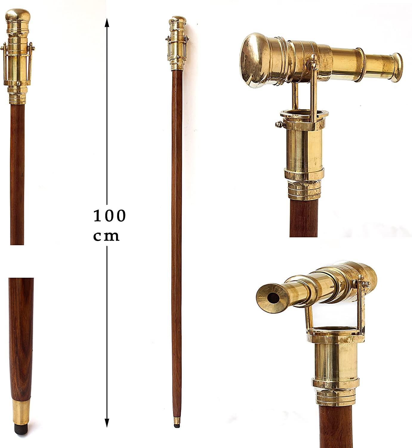 Victorian Walking Cane with Telescope Brass Handle Foldable Nautical Wooden  Walking Stick Ideal Unisex