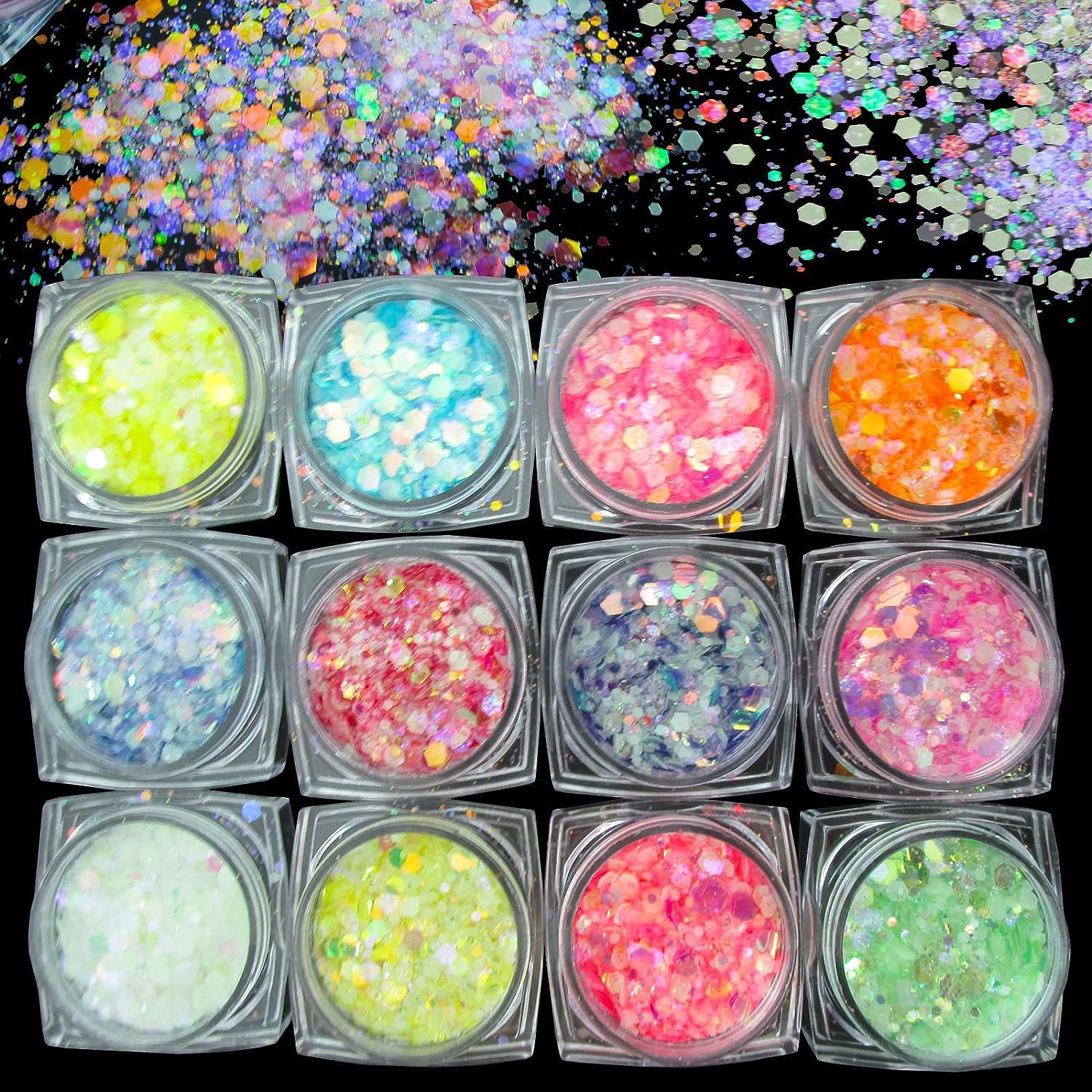 LuckForever 12 Colors Chunky Body Glitters Iridescent White Pink Purple  Hexagon Nail Glitters Sequins Flakes Powder for Acrylic Nails Crafts Paints