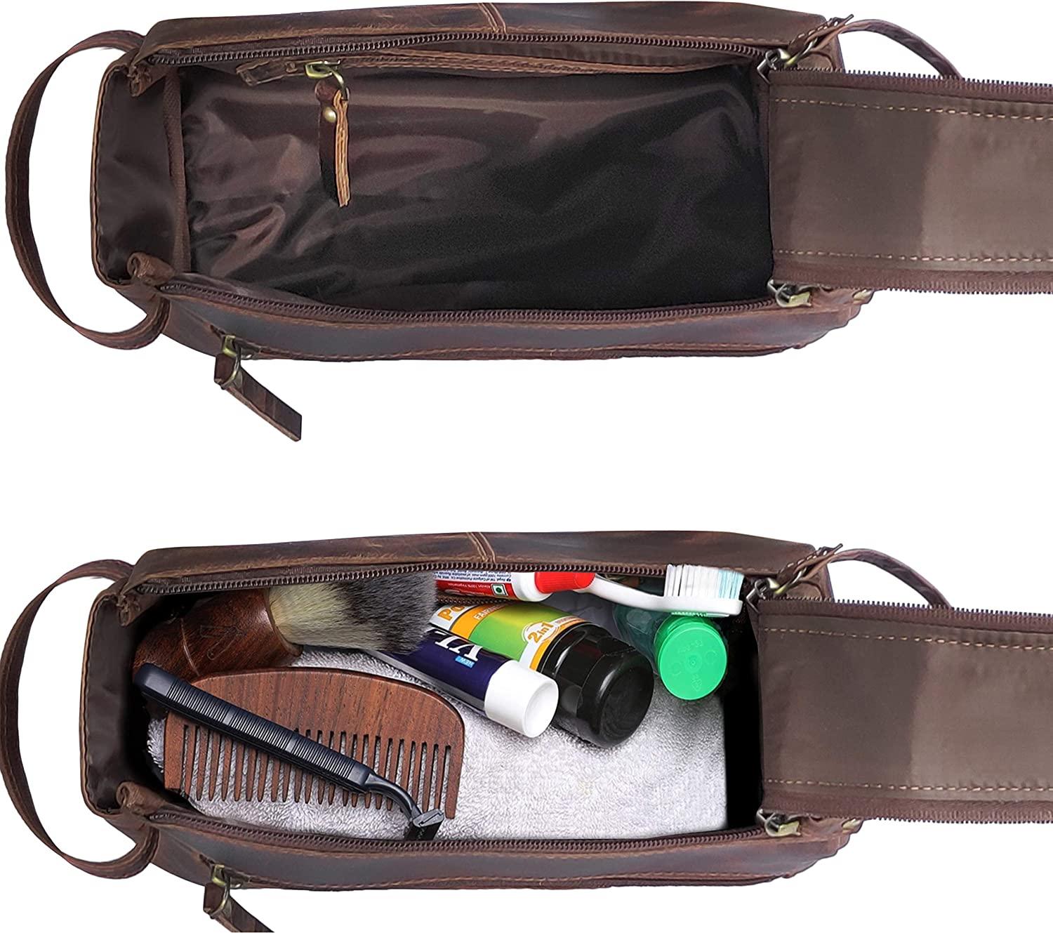 Rustic Town Genuine Leather Travel Toiletry Bag - Dopp Kit Organizer (Brown)