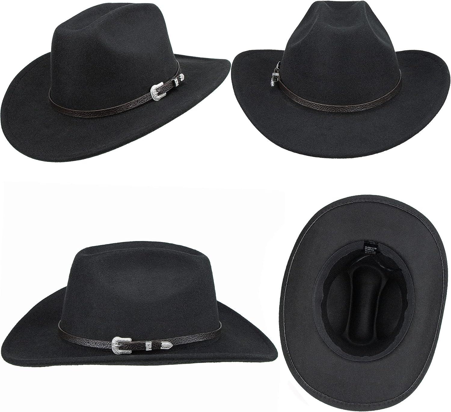 RainFlowwer Black Cowboy Hat Men for Women, Faux Felt Cowgirl Hat, Western Hat Panama Hat, Outdoor Wide Brim Hat with Strap