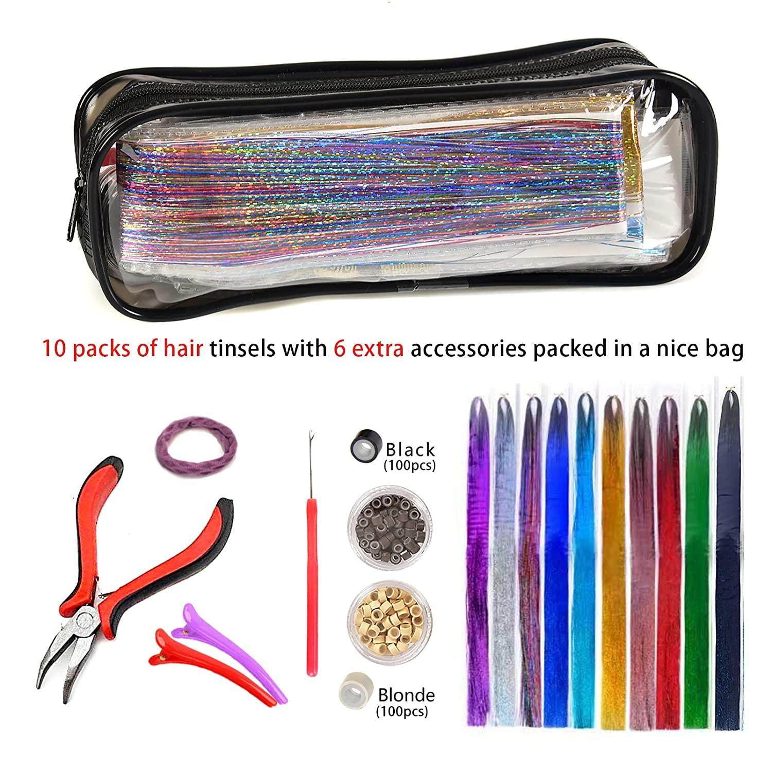 Hair Tinsel Kit, 10 Colors Tinsel Hair Extensions with Tools (a Plier+a  Pulling Needle+200pcs Silicon Lined Beads), Glittery Fairy Sparkingly  Hairpiece for Party Halloween Christmas New Year 10 colors( Black,Blue,  Red, Pur…