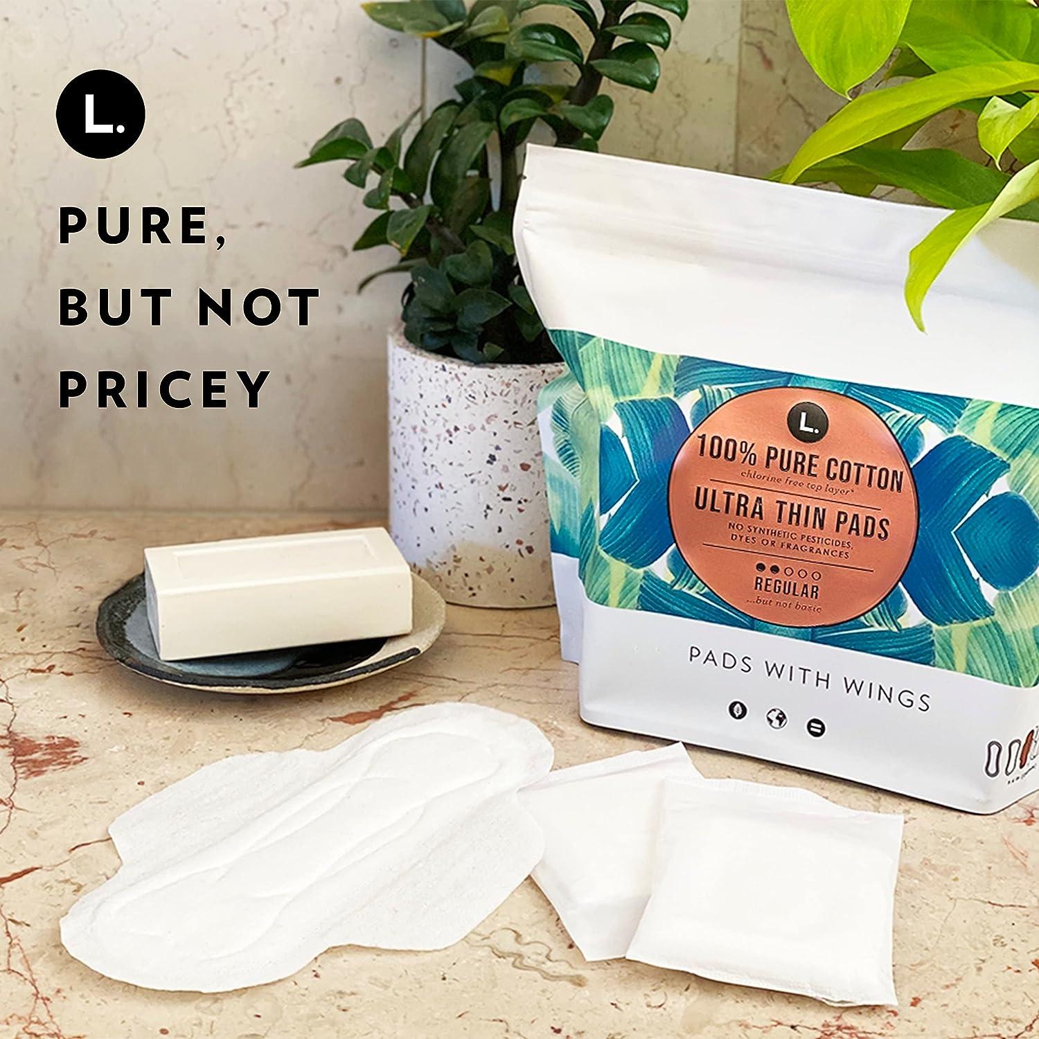 L. Ultra Thin Unscented Pads with Wings Regular Absorbency 42 Ct 100% Pure  Cotton Chlorine Free Top Layer