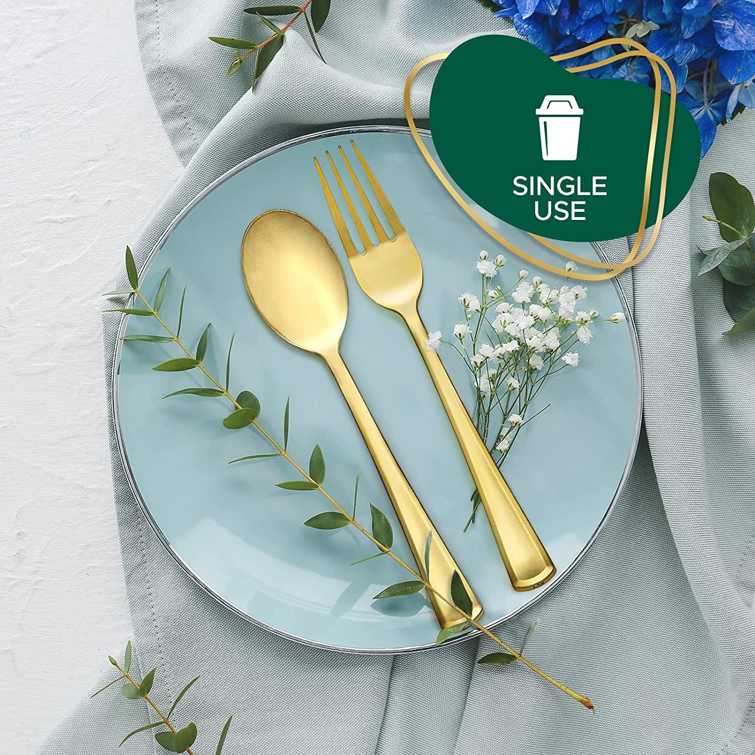 Elegant Plastic Silverware Set | 25 Each Heavyweight Disposable Forks, Knives & Spoons Beautifully Presented in Pre Rolled Party Napkins Premium