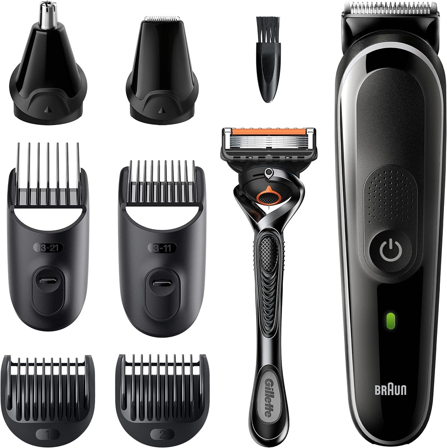 Braun 8-In-1 All-In-One Series Nose With Trimmer Grooming Kit Pin & Gillette UK 6 Beard 5 2 & Clippers Black/Grey Trimmer Hair Men MGK5260 Gifts Ear For Attachments Plug Razor Male